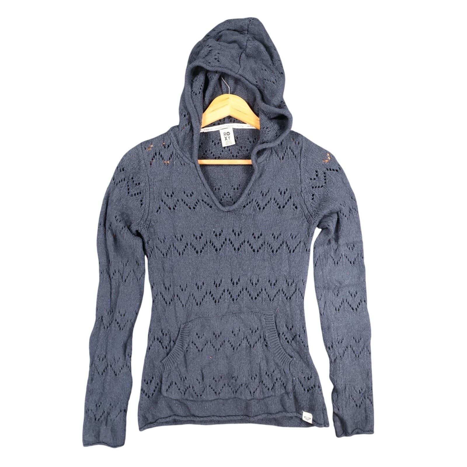 Roxy Knit Hoodie Women Small Navy Blue Acrylic Nylon Pointelle Crochet Pullover