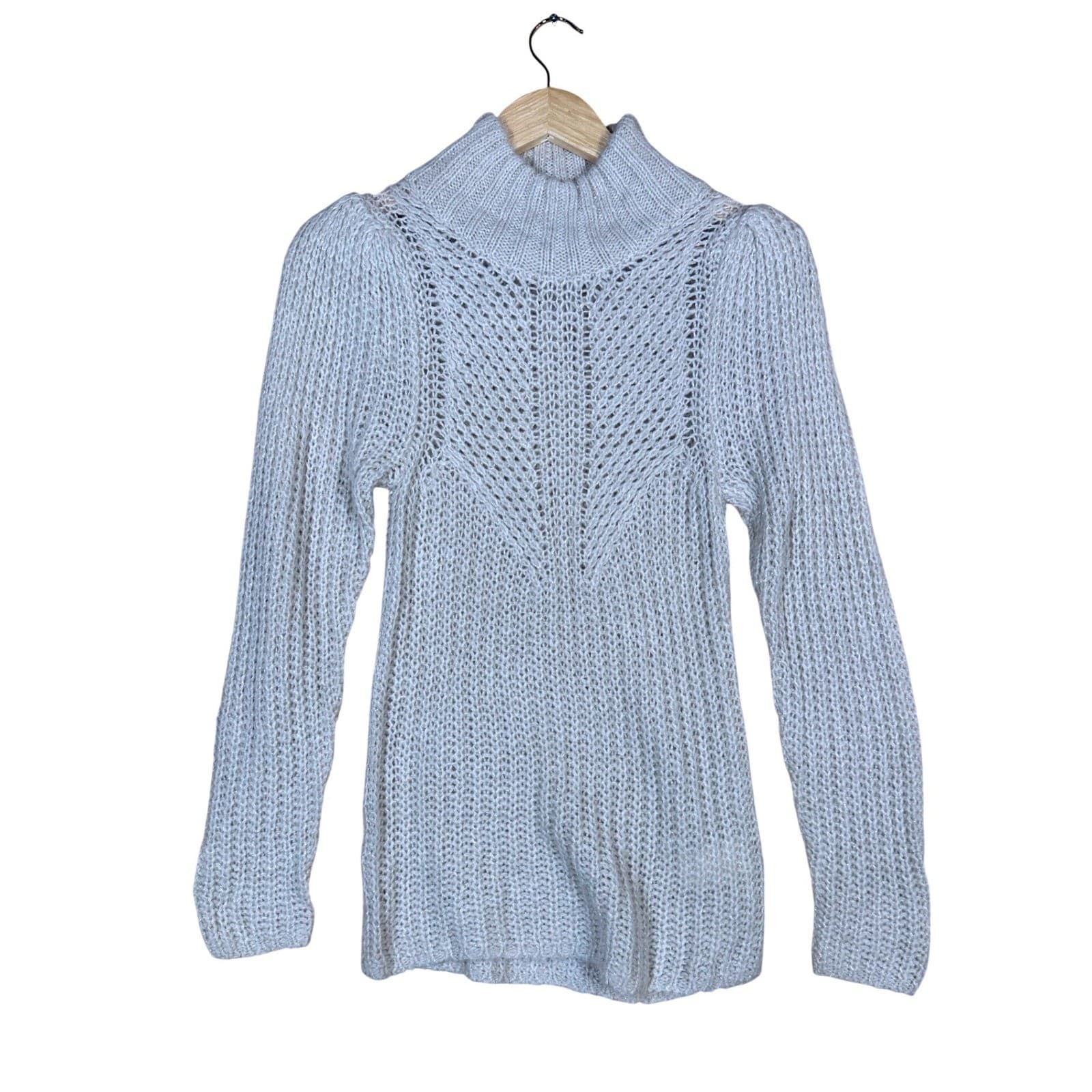 Express Womens Turtleneck Sweater Knit Mesh Detail Long Sleeve Light Gray XS