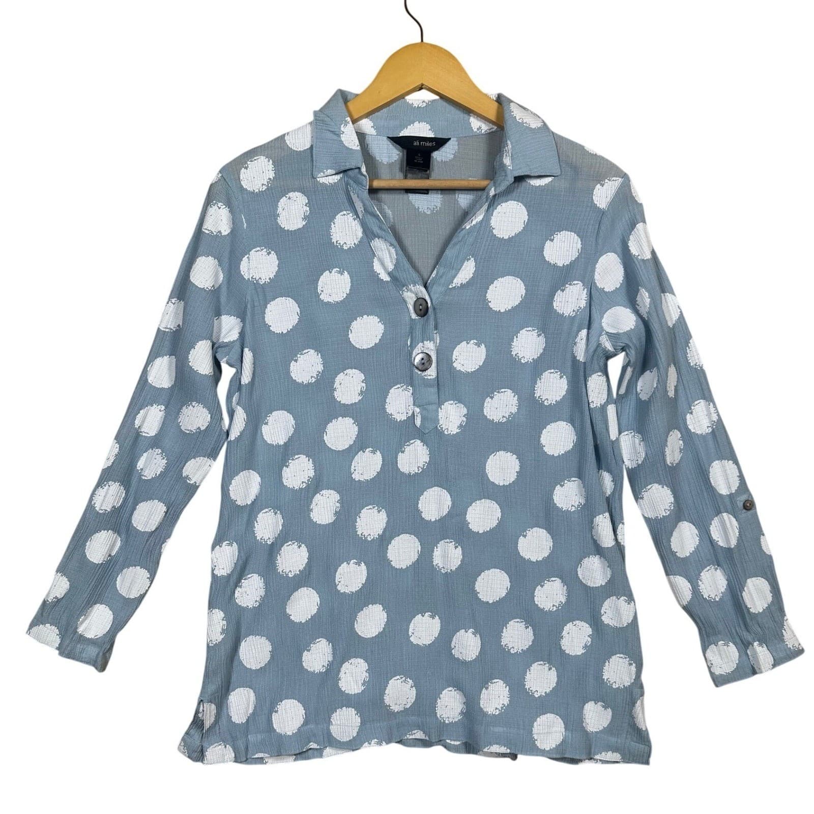 Ali Miles Women's Polka Dot Long Sleeve Collared Button Up Shirt Size S