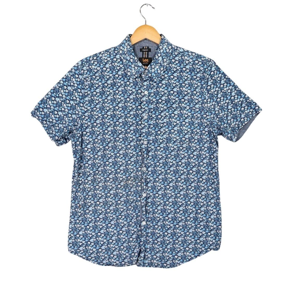 Lee Button Up Shirt Mens L Blue Excellent Floral Stretch Short Sleeve