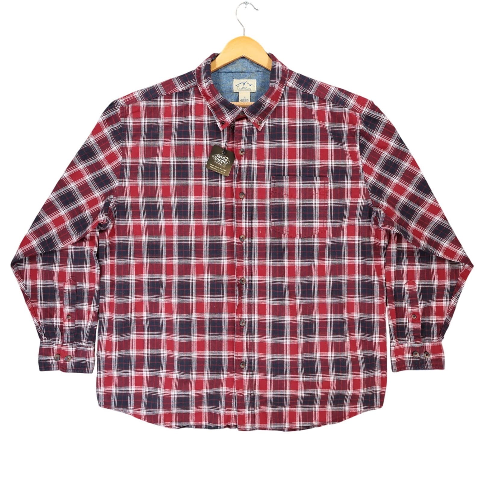 Blue Mountain Button Front Shirt Mens XL Red 100% Cotton Plaid Long Sleeve