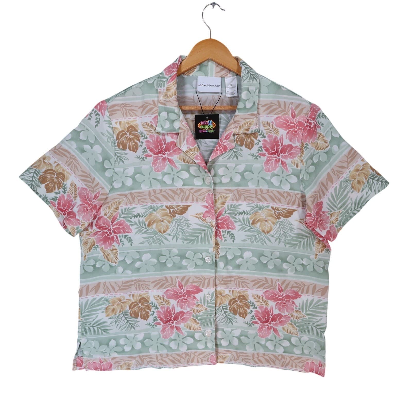 Alfred Dunner Button Up Shirt Womens 16 Green Pink Polyester Regular Tropical