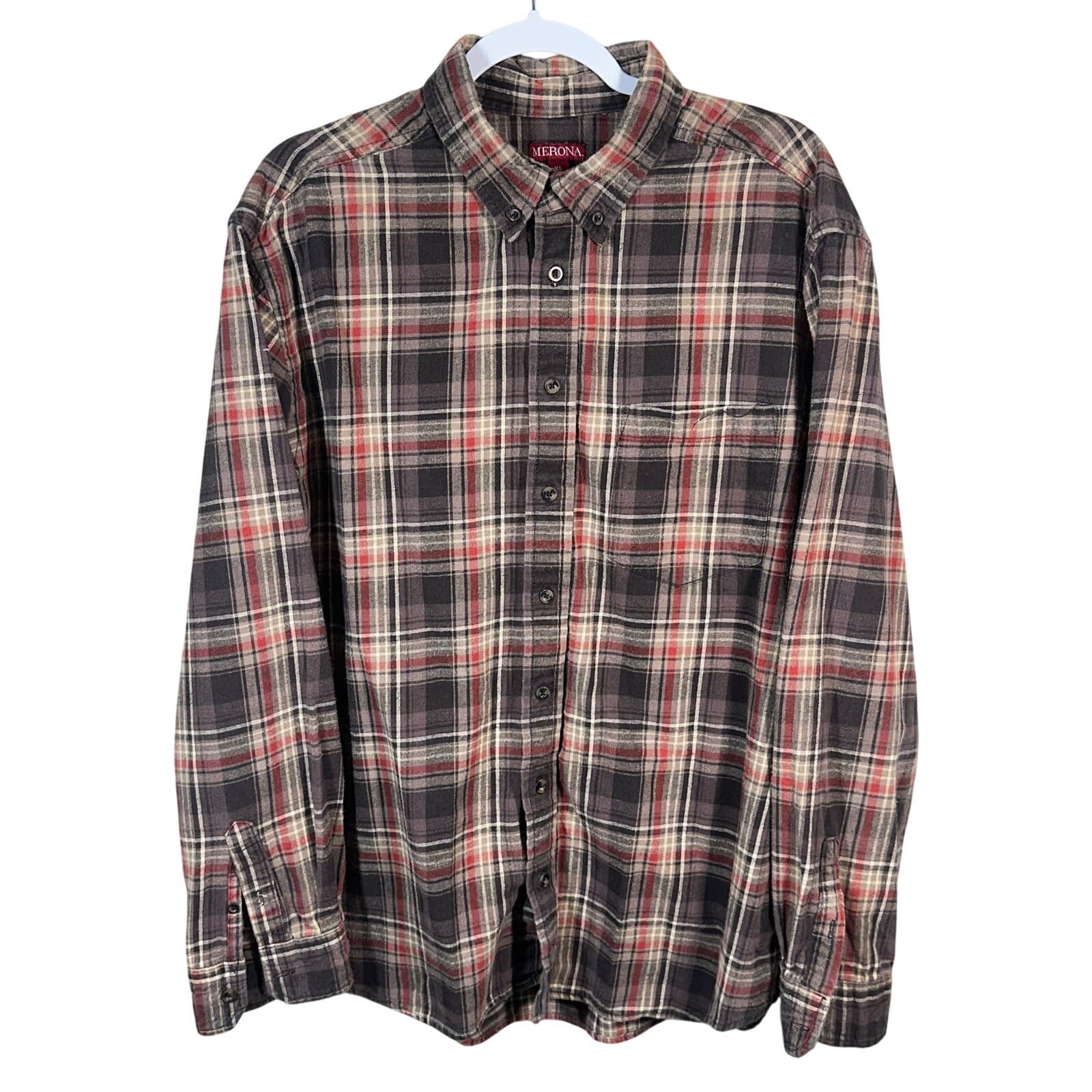 Merona Men’s Flannel Button Down Shirt Plaid Red Gray XL