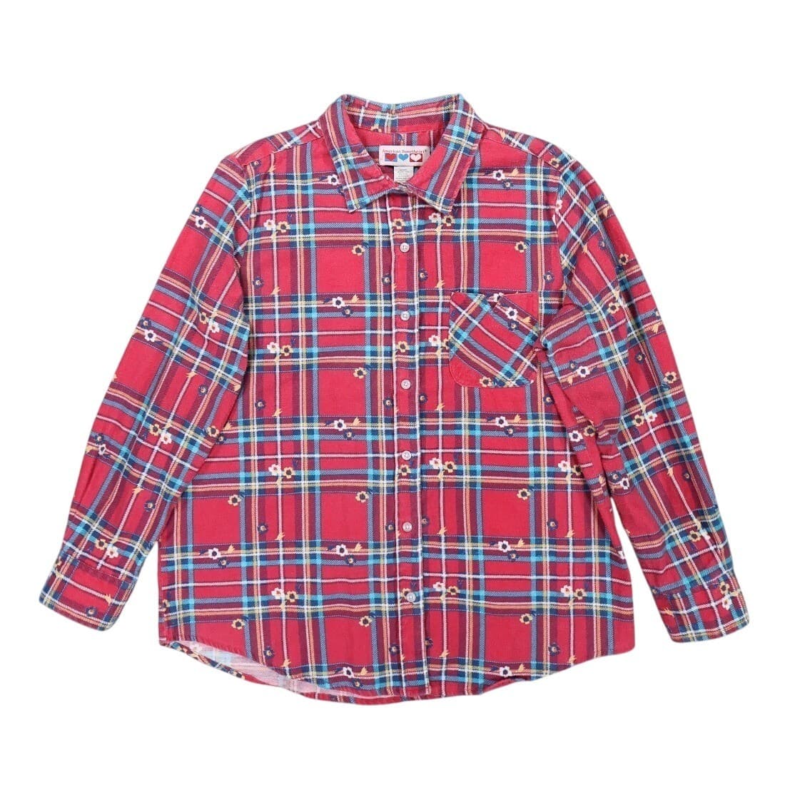 American Sweetheart Button Up Shirt Womens Large Red Excellent Plaid Floral