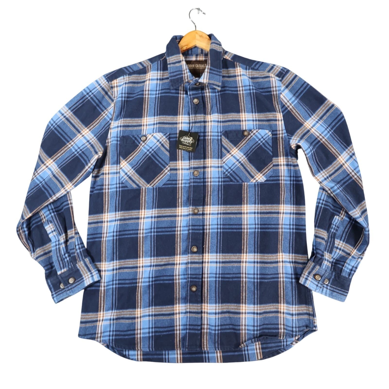 Outdoor Casuals Flannel Shirt Mens Large Blue Cotton Blend Regular Plaid