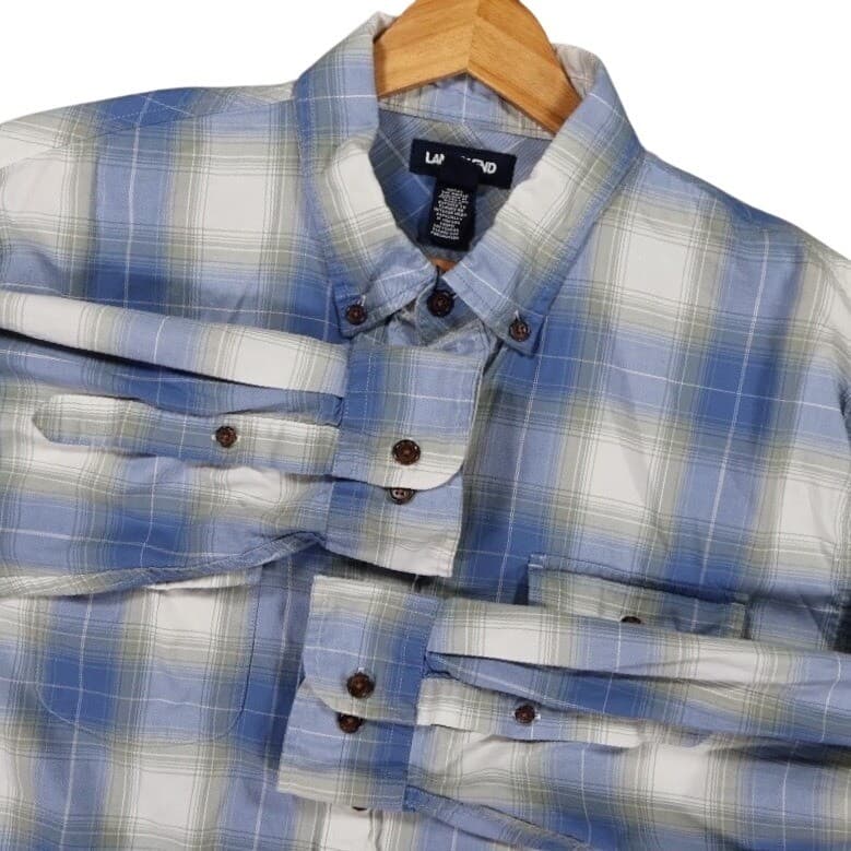 Lands' End Button Down Shirt Mens L Blue Excellent Plaid Traditional Fit Flannel