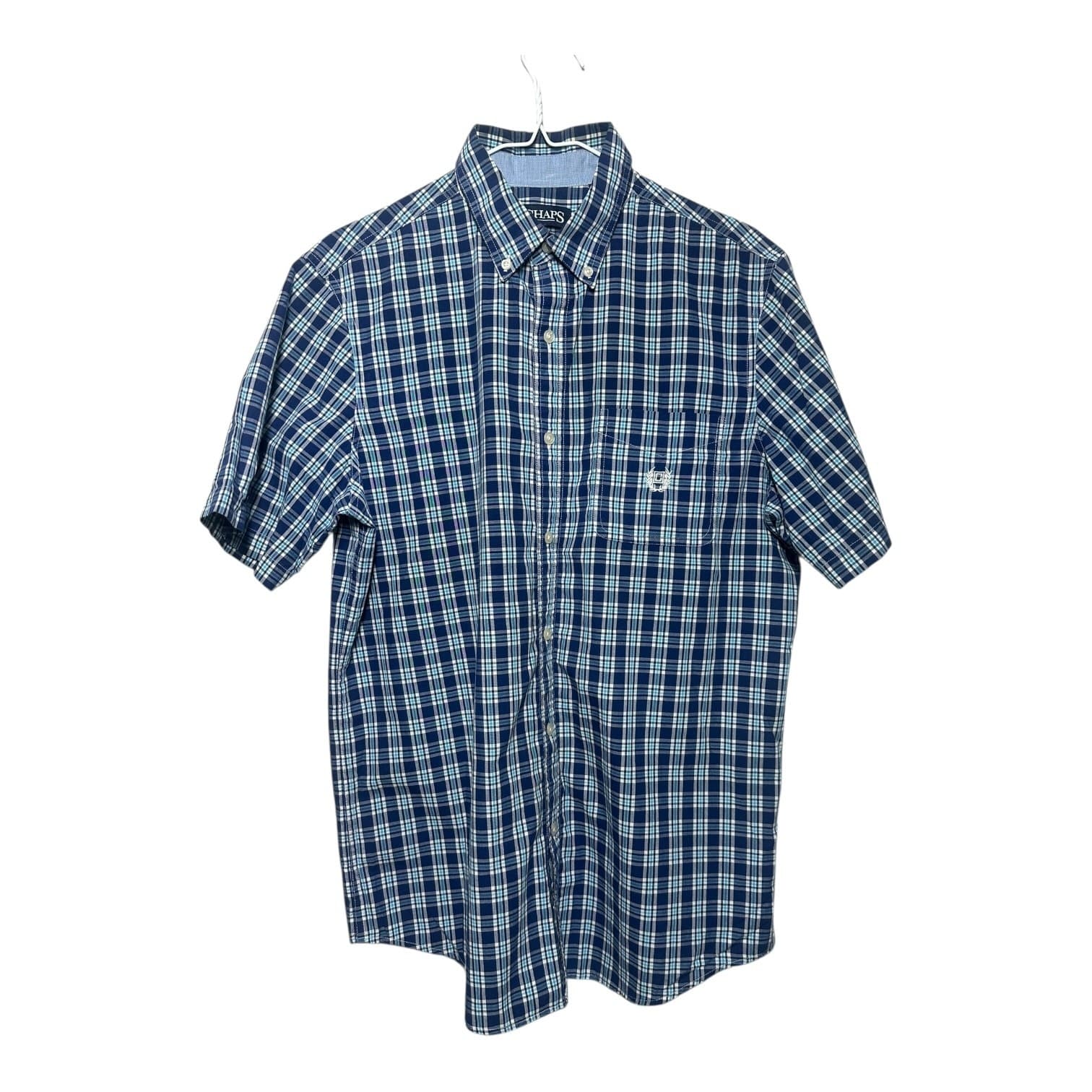 Chaps Men's Plaid Short Sleeve Button Down Shirt Blue Green Size M