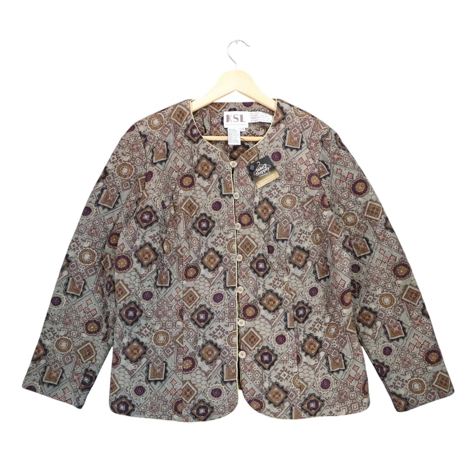 KSL Karin Stevens Jacket Womens 14 Brown Excellent Geometric Quilted Button Up