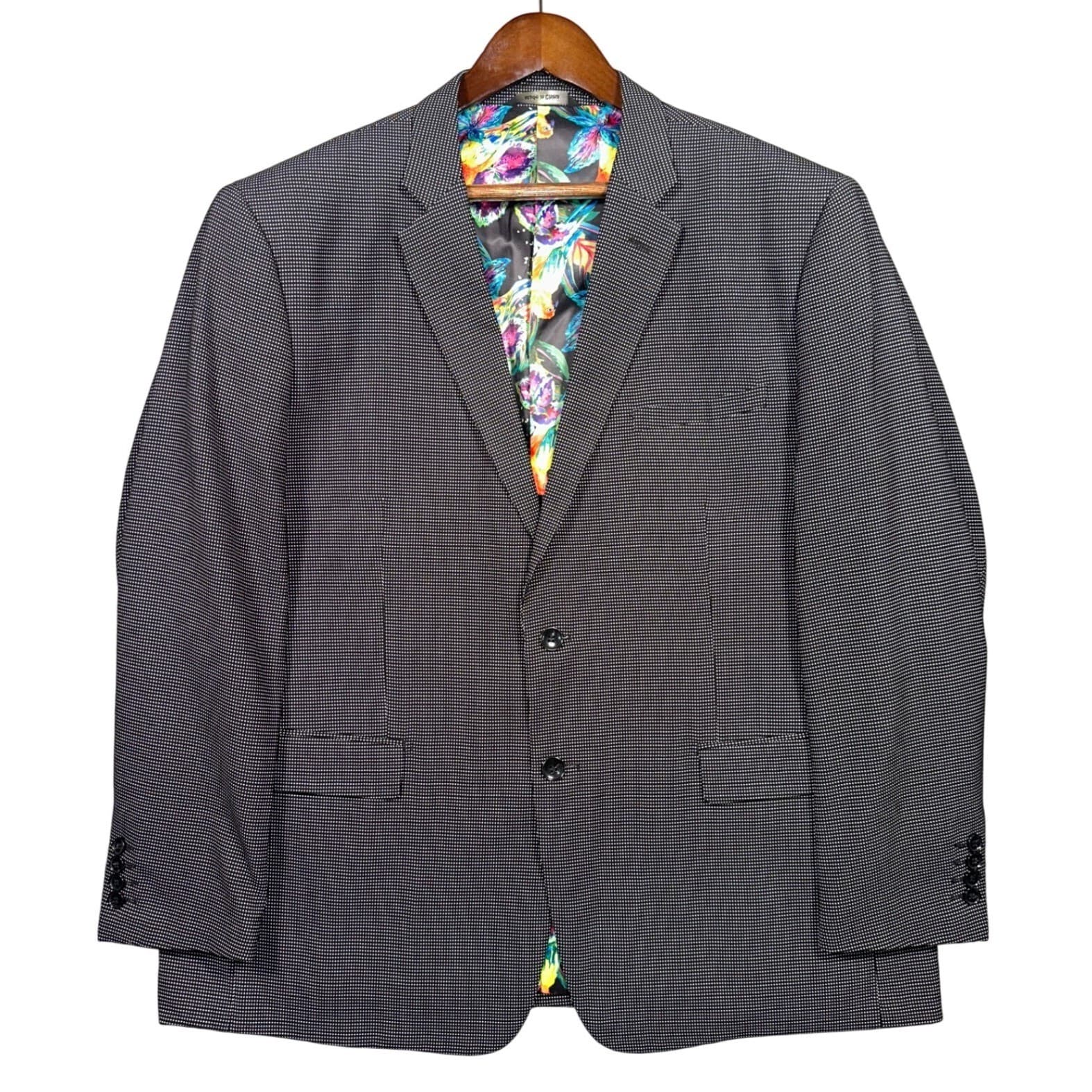 Giorgio Sanetti Blazer Mens 48R Black White Micro Pattern Parrot Lining