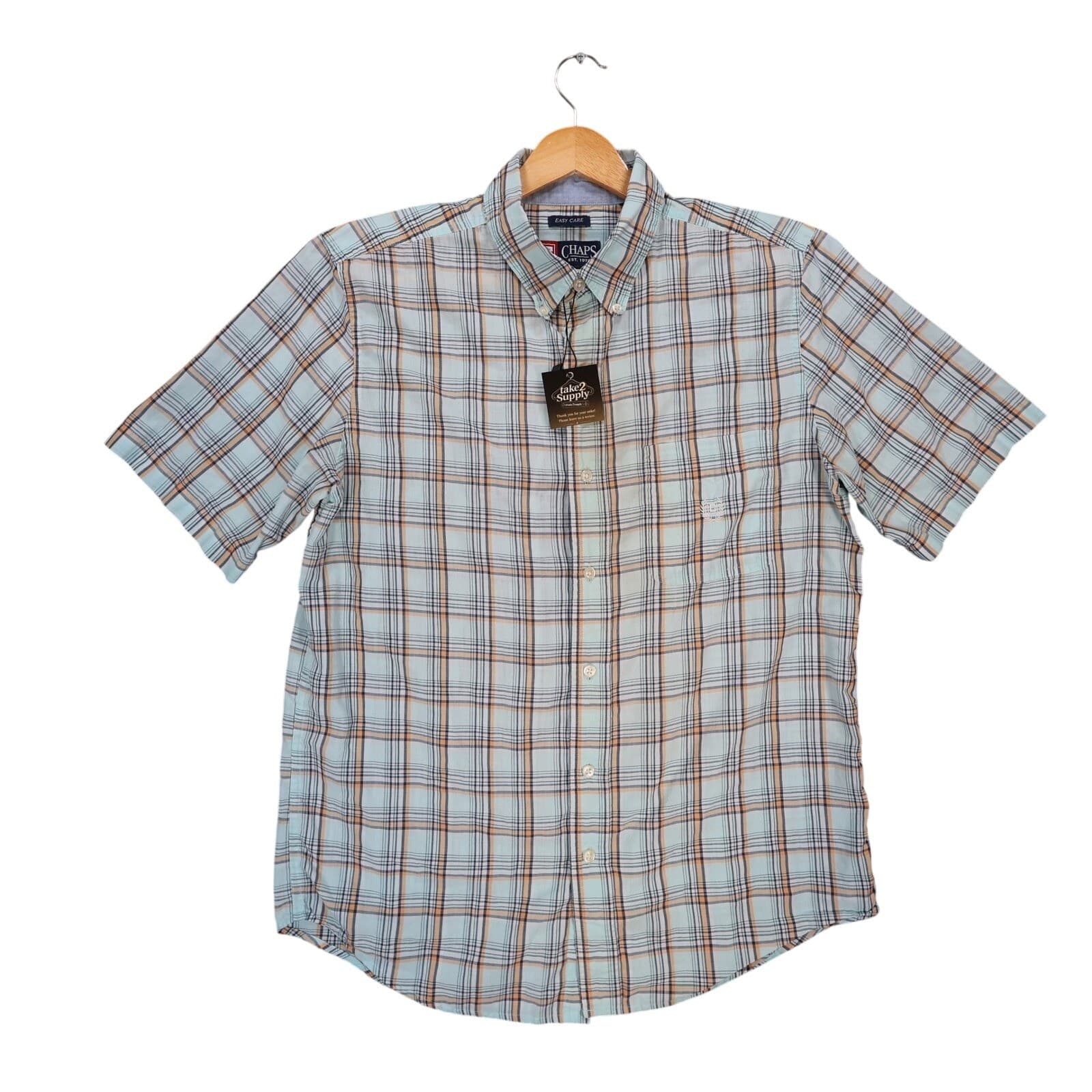 Chaps Button Down Shirt Mens M Light Blue Excellent Plaid Easy Care Short Sleeve