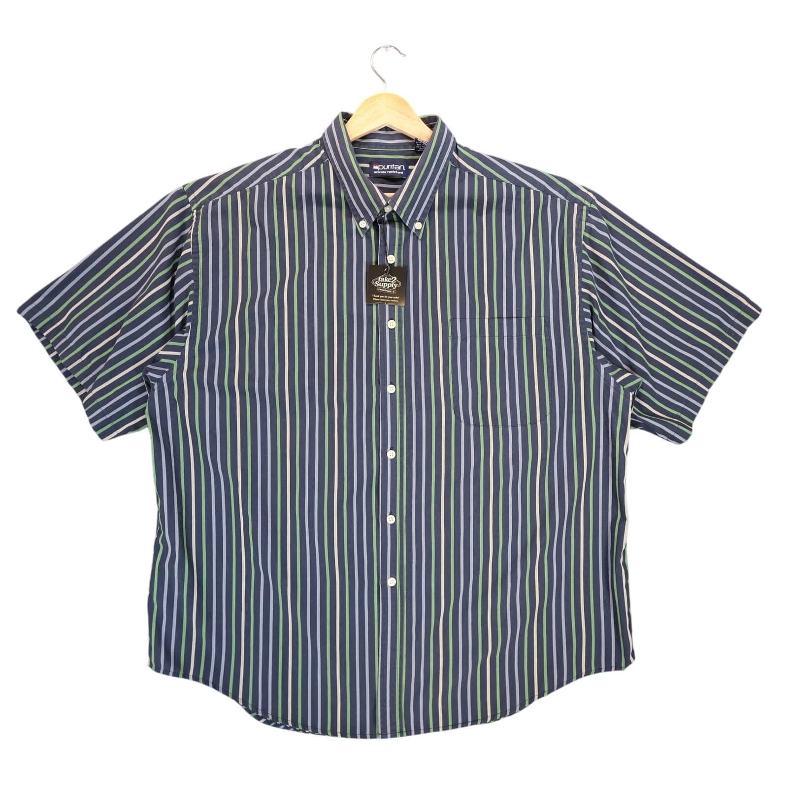 Puritan Button Down Shirt Mens XL Blue Green Excellent Vintage Striped