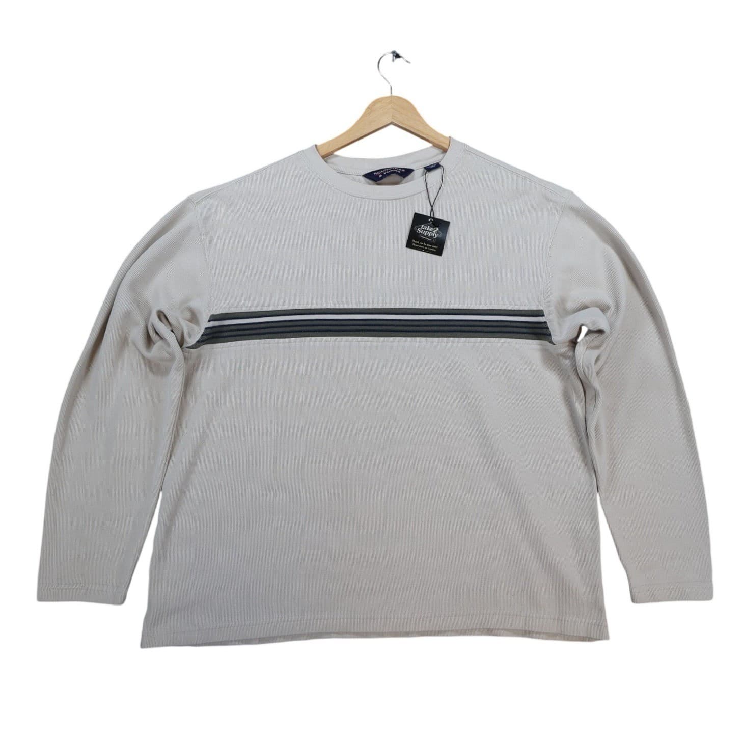 Roundtree & Yorke Long Sleeve Shirt Mens Medium Beige Ribbed Striped Casual