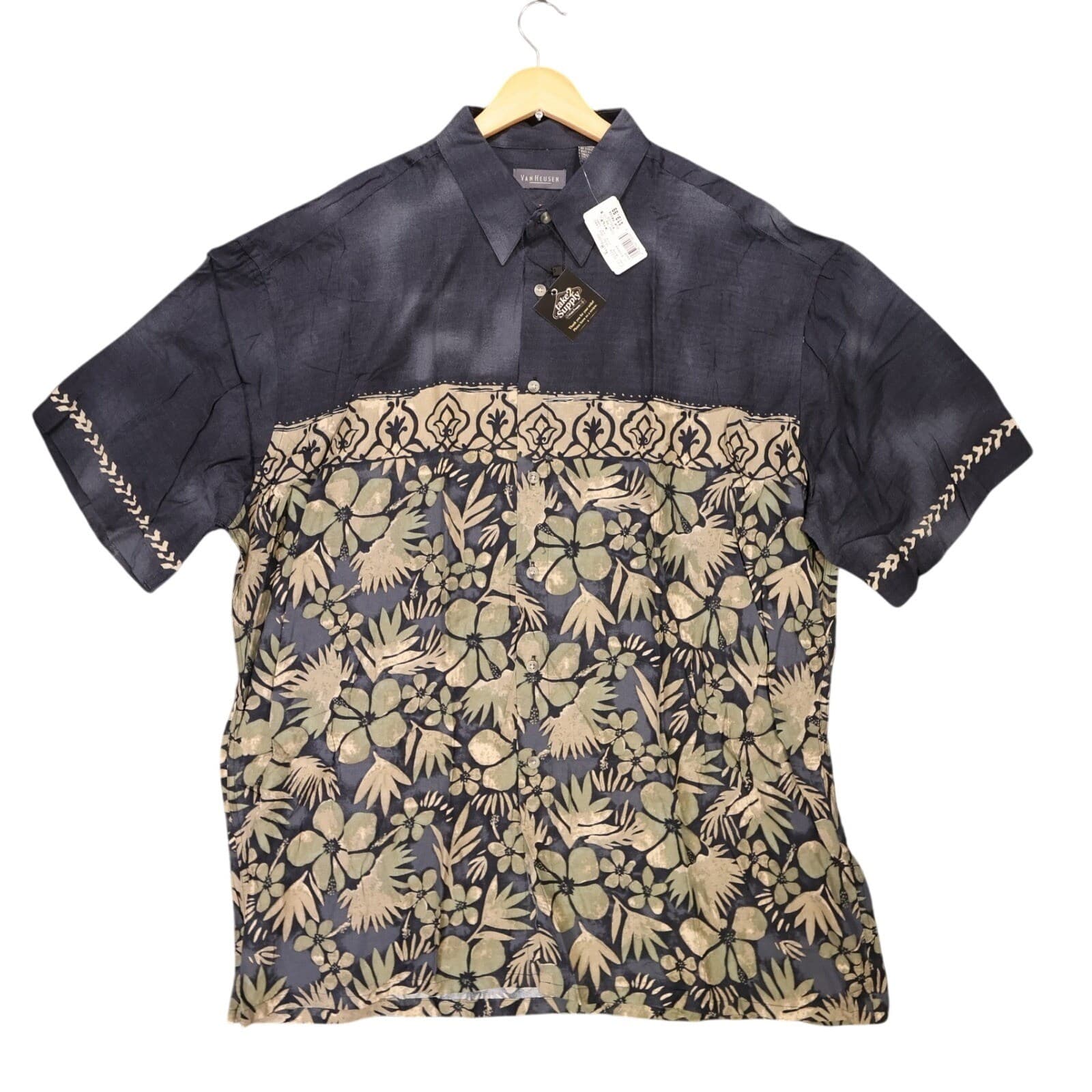 Van Heusen Button Up Shirt Mens XL Blue New Tropical Floral Rayon Vintage
