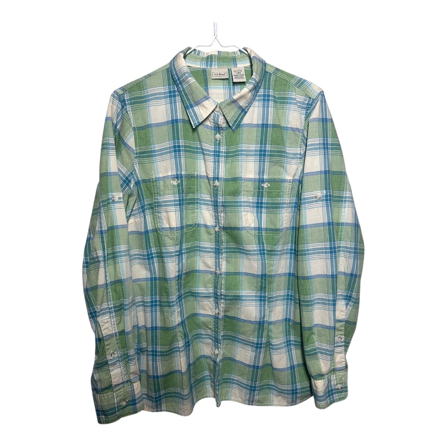 L.L.Bean Men’s Plaid Button-Down Shirt Green Blue Cotton Size L Regular