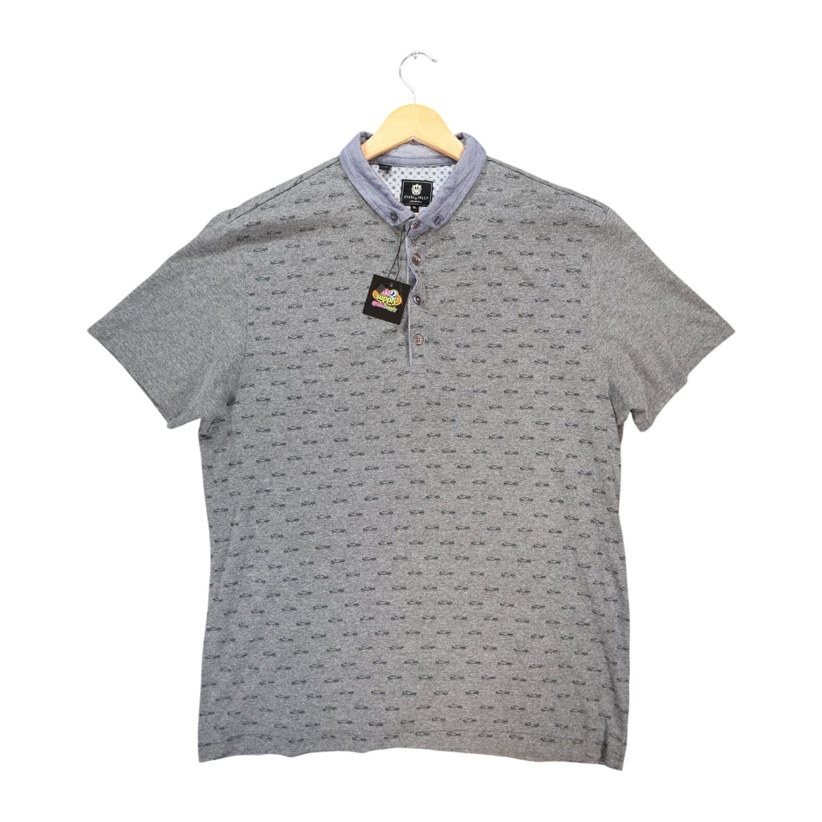 Steel & Jelly Polo Shirt Mens XL Charcoal Excellent Car Print Henley