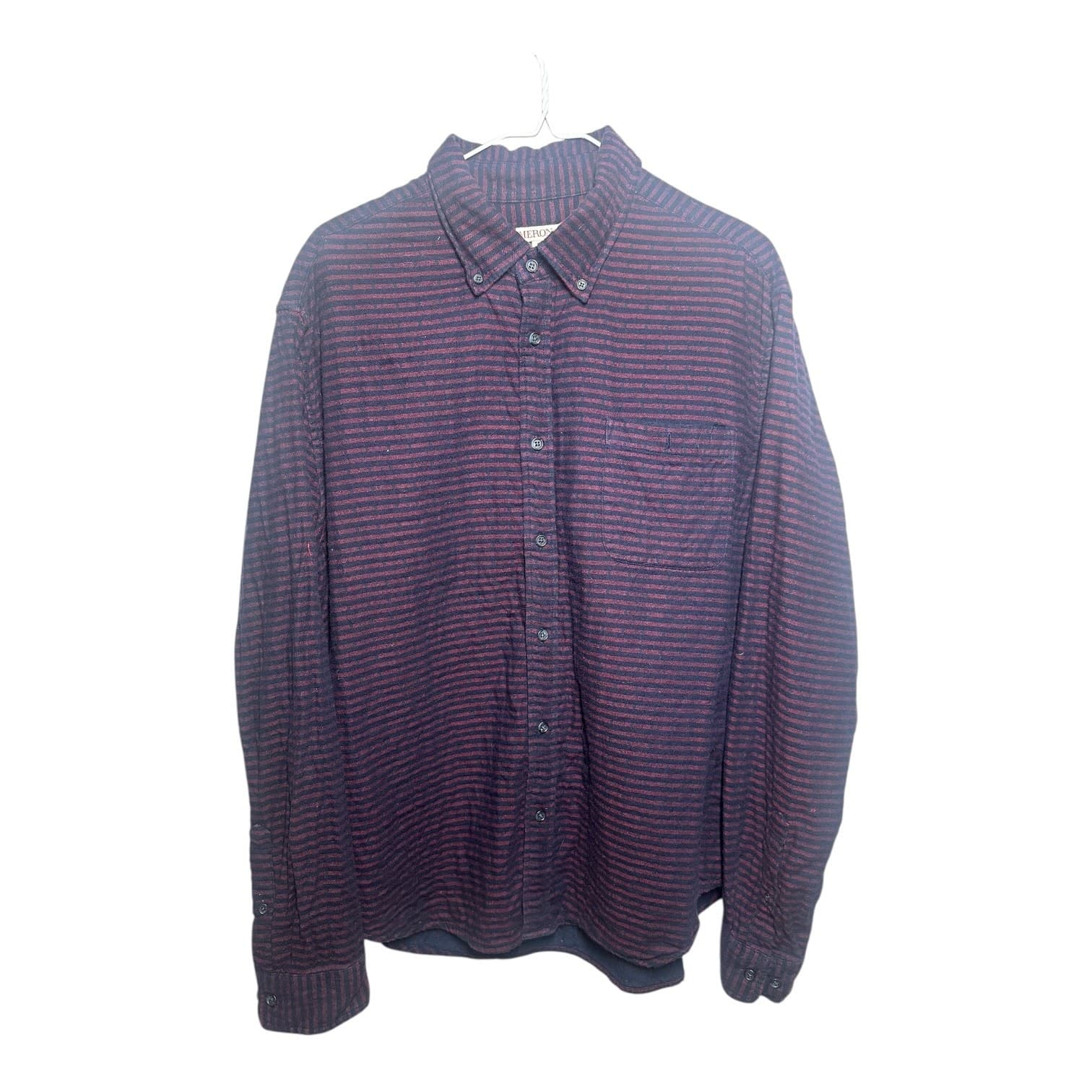Merona Men’s Button-Down Shirt Striped Long Sleeve Burgundy Navy XL