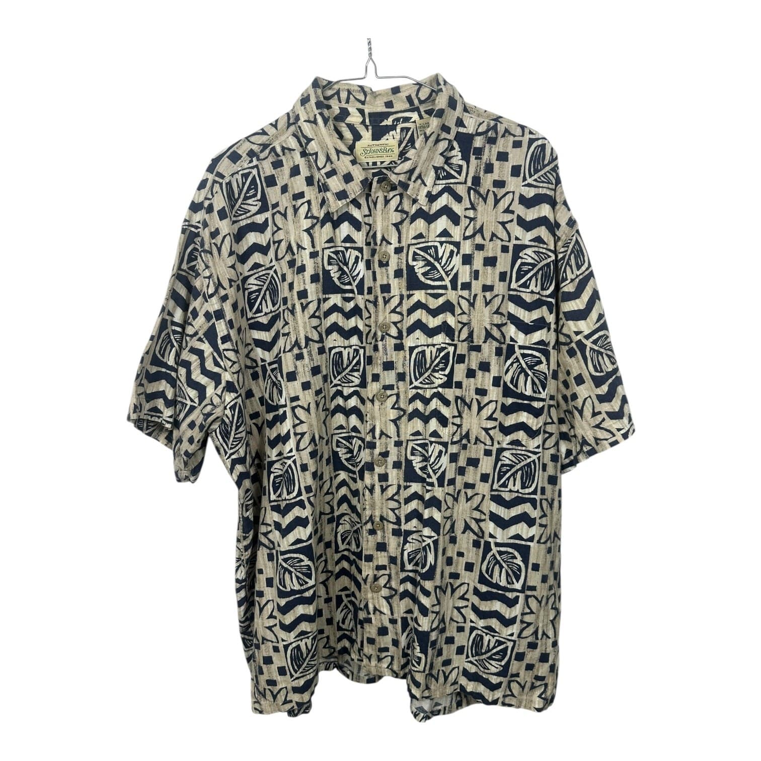 Vintage St Johns Bay Men’s Hawaiian Shirt Geometric Print Tan Blue XL