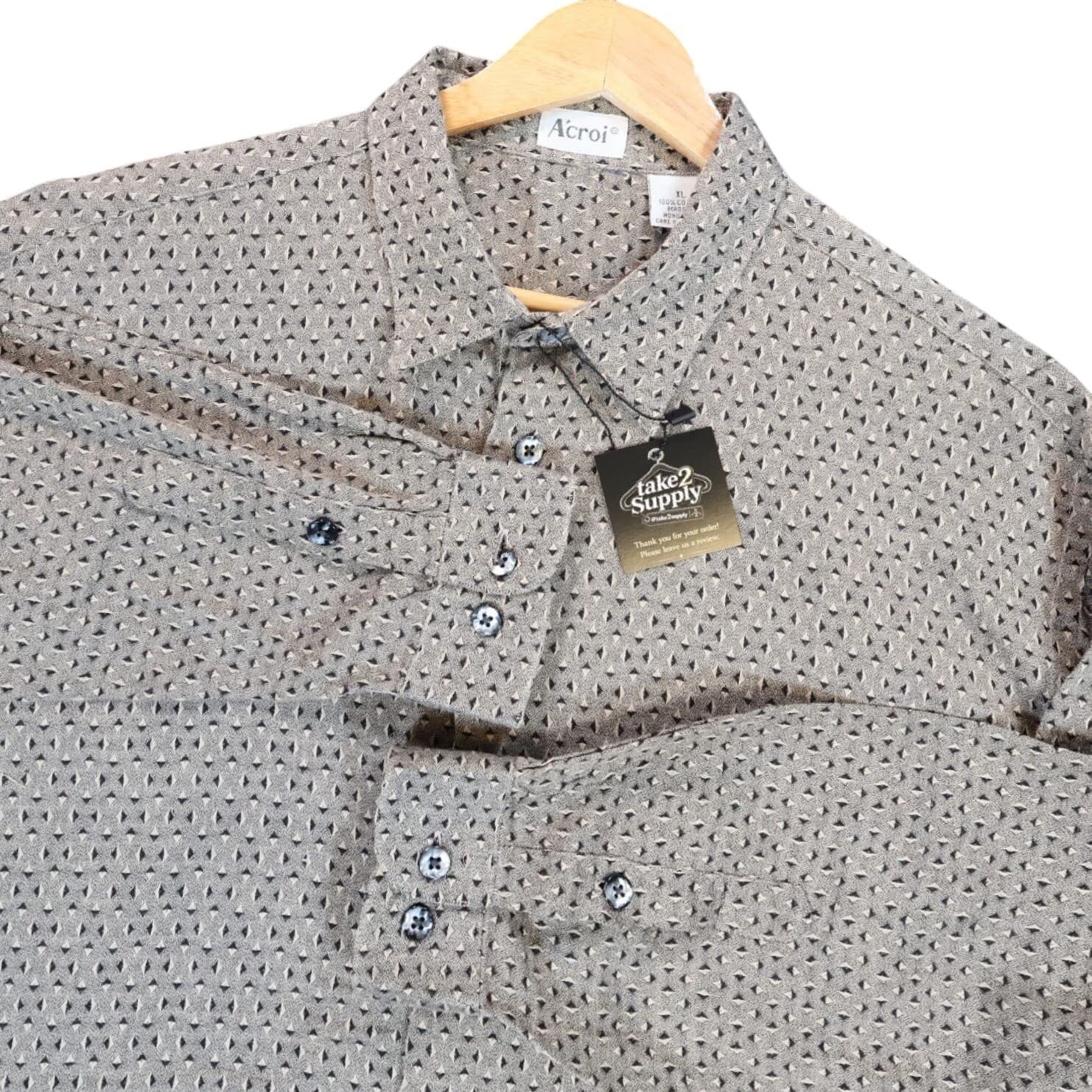 A'croi Button Up Shirt Mens XL Tan Excellent Vintage Geometric Long Sleeve