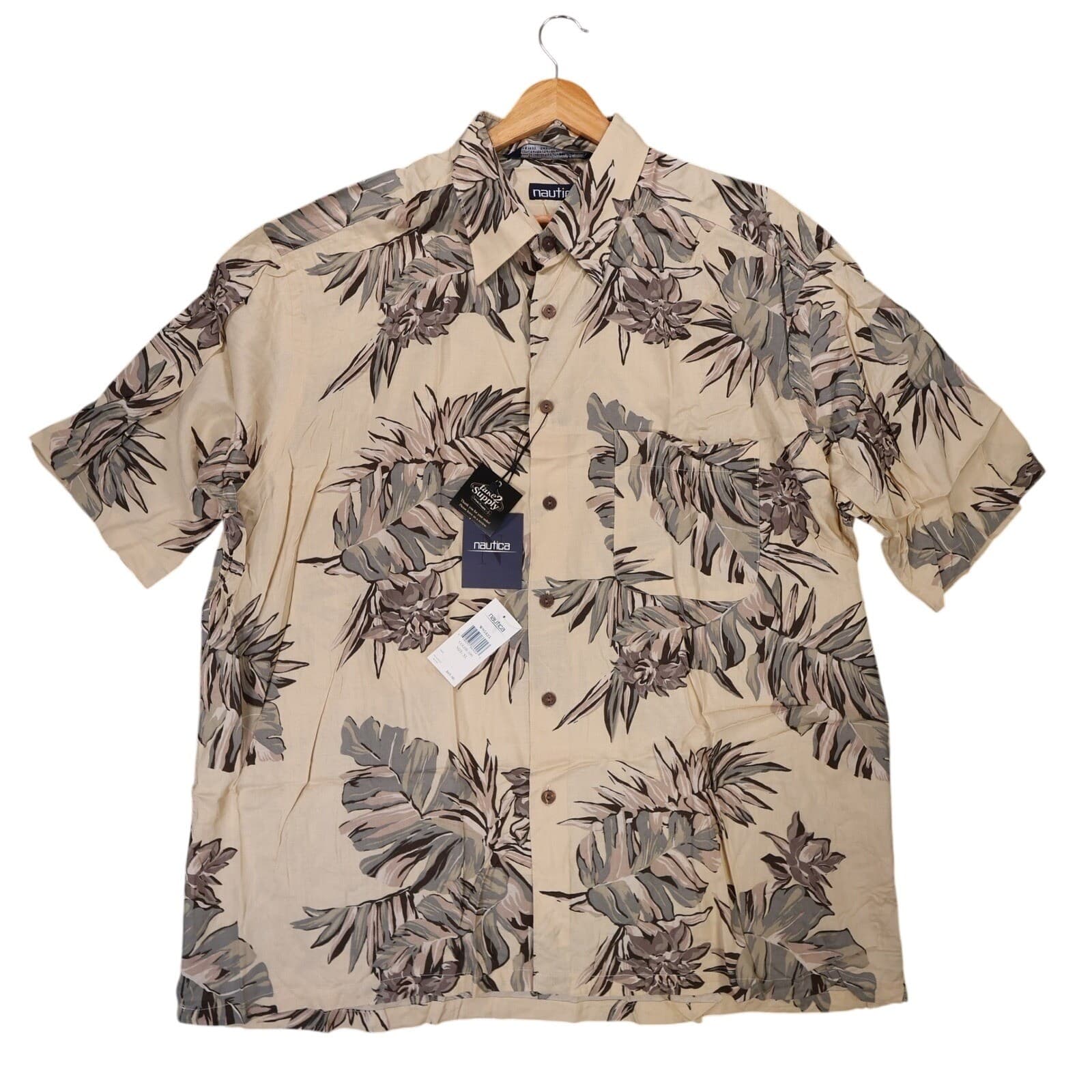 Nautica Button Up Shirt Mens XL Tan NEW Hawaiian Floral Tropical Rayon Vintage