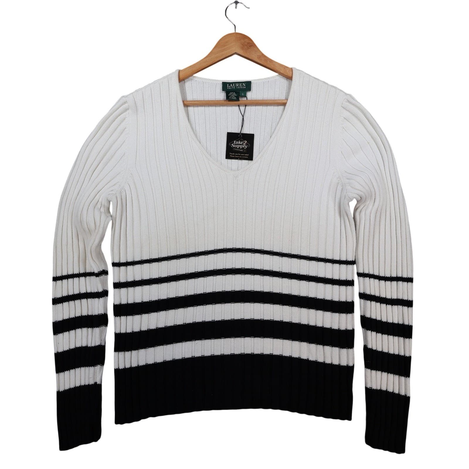 Lauren Ralph Lauren Sweater Womens L White Cotton Ribbed V-Neck Striped Nautical