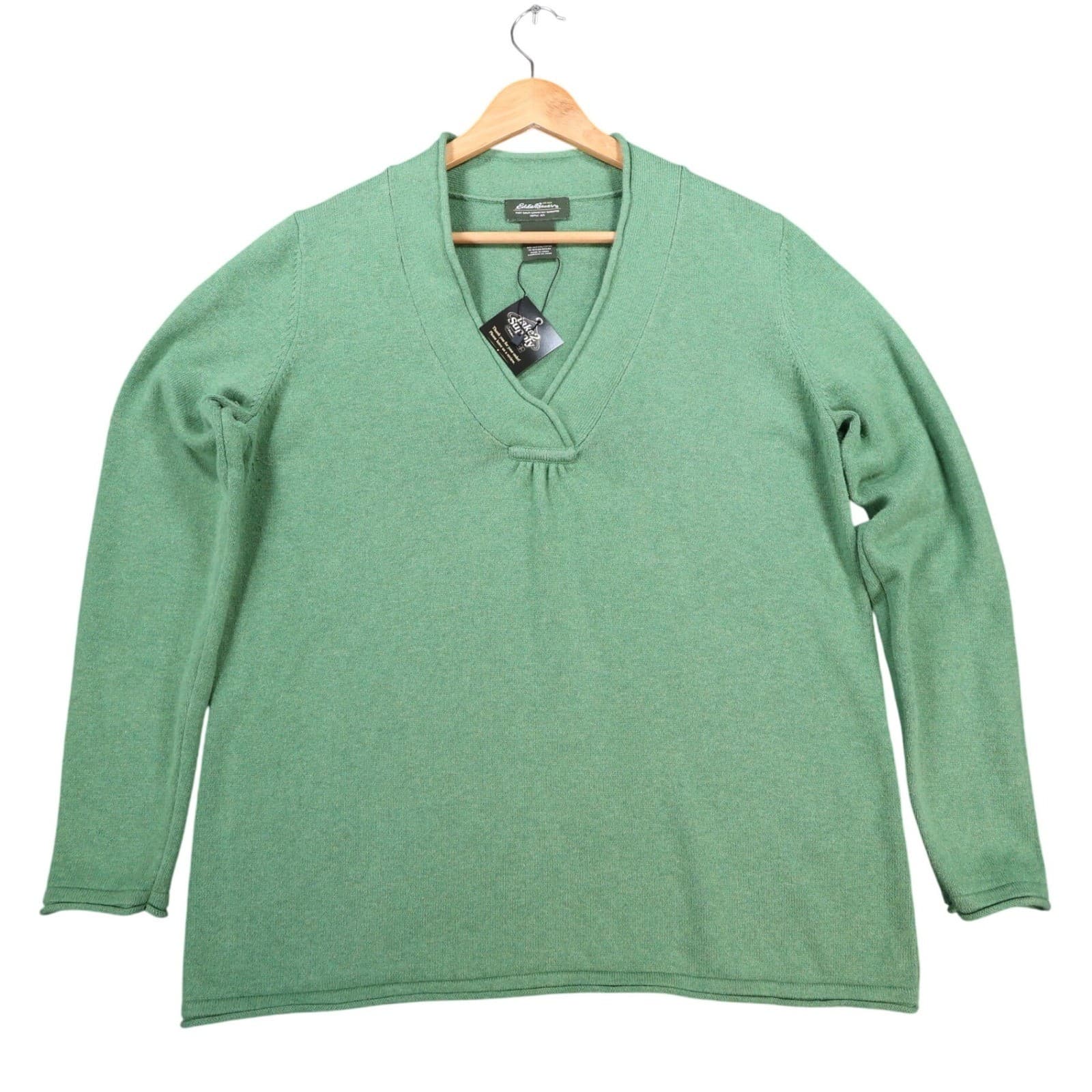 Eddie Bauer Sweater Womens L Green Cotton Blend V-Neck Knit Casual Classic
