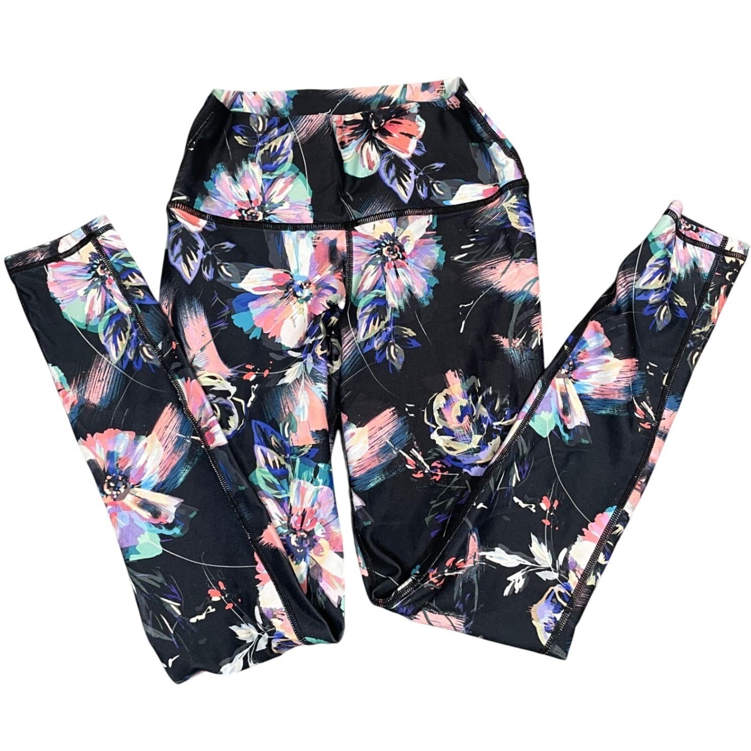 Fabletics Leggings Womens XXS Black Floral High Waisted Excellent Activewear