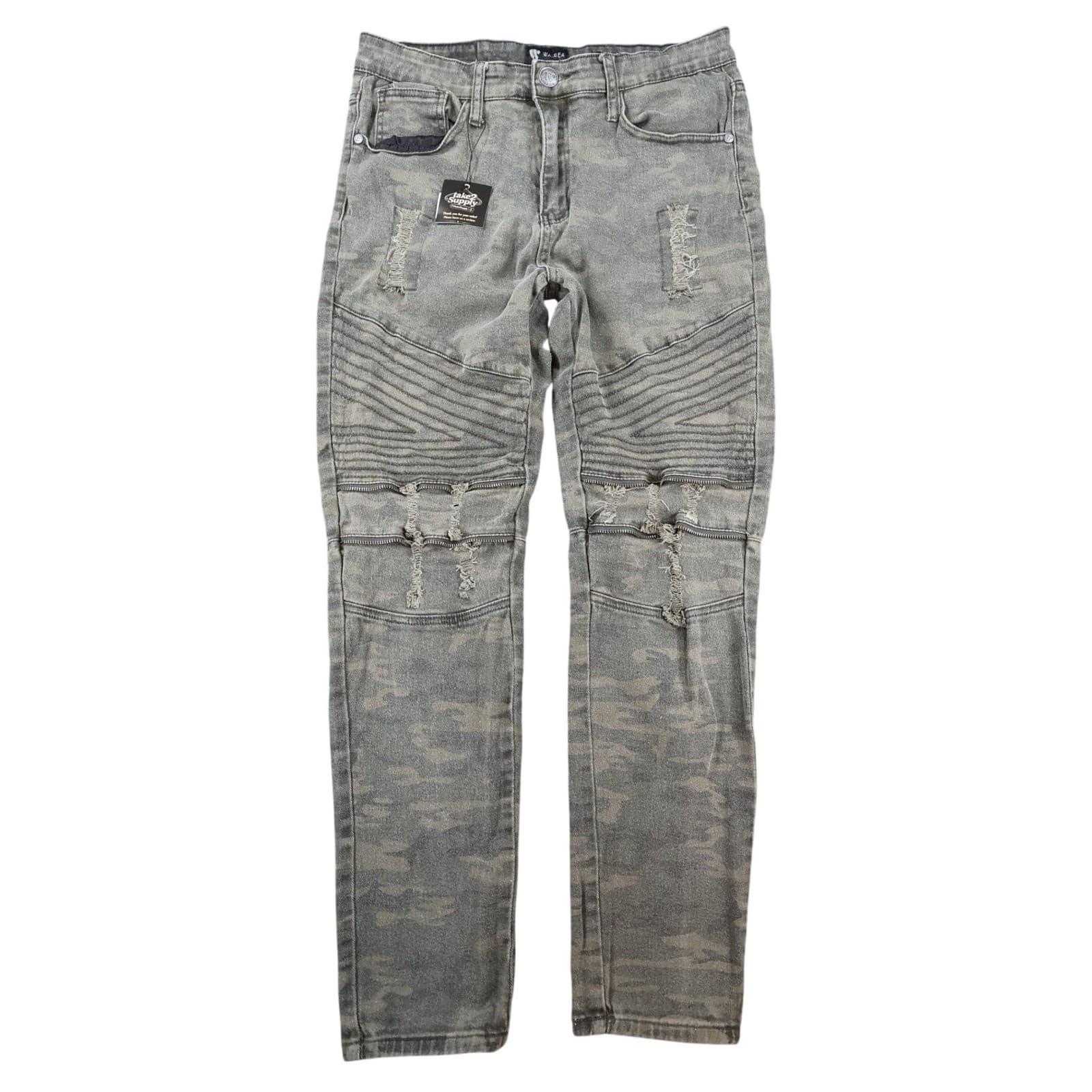 Waimea Biker Jeans Mens 34 Green Cotton Spandex Skinny Fit Camo Distressed Moto
