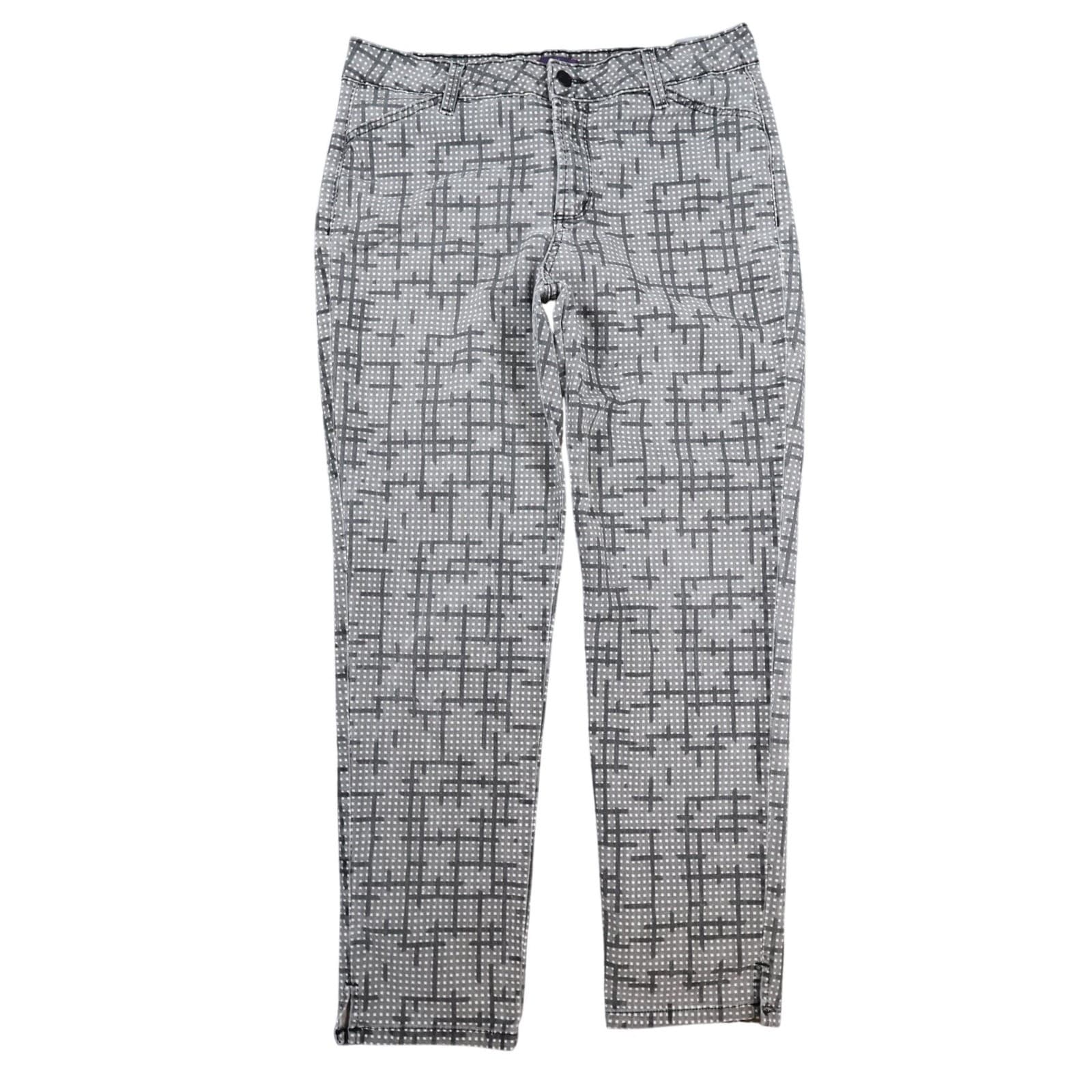 NYDJ Trouser Women Size 10 Gray Cotton Spandex Geometric Grid Print Slim Ankle