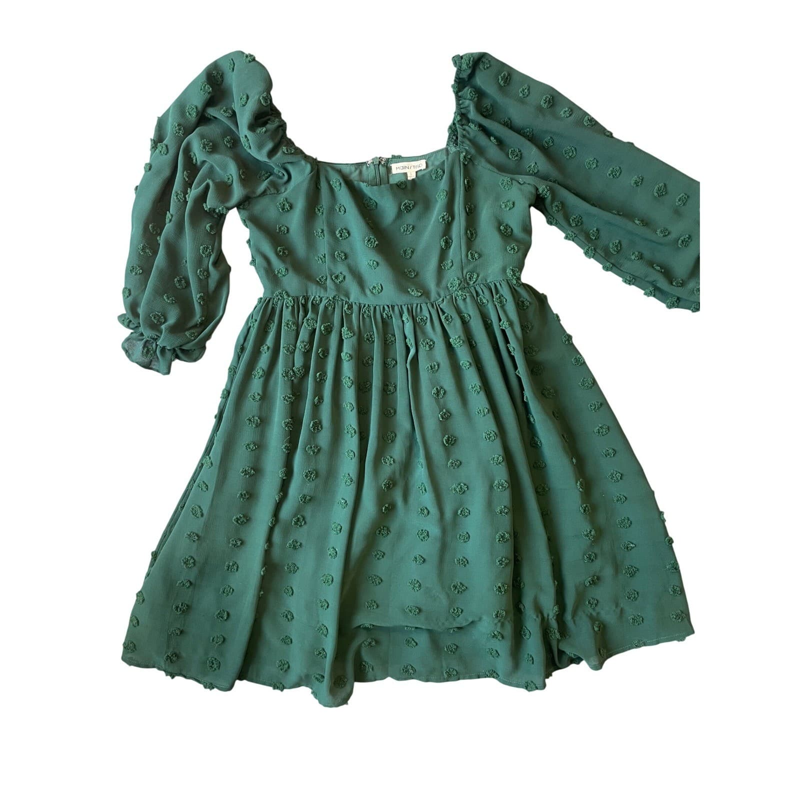 Mainstrip Swiss Dot Mini Dress Women Small Green Puff Sleeve Babydoll
