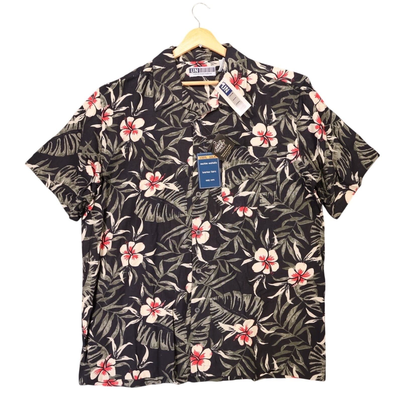 Untied Button Up Shirt Mens XL Black New Vintage Tropical Silk Floral