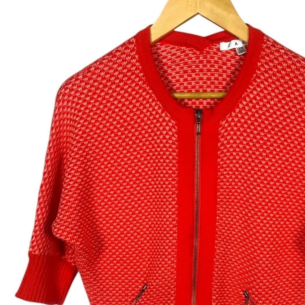 Cabi Red Geometric Knit Bomber Jacket Zipper Pockets Dolman Sleeve XS