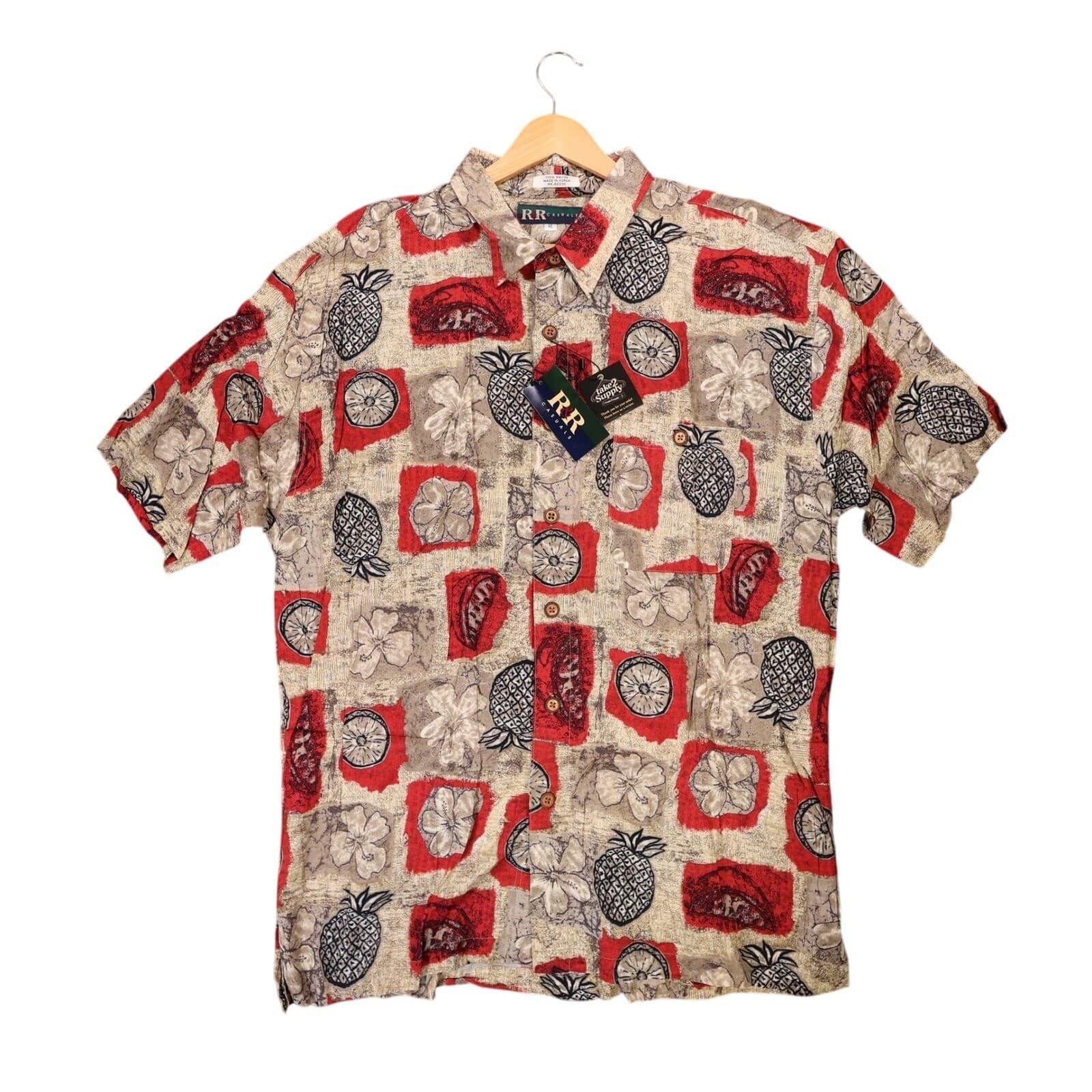 R&R Casuals Hawaiian Shirt Mens XL Tan Red New Vintage Pineapple Tropical Rayon