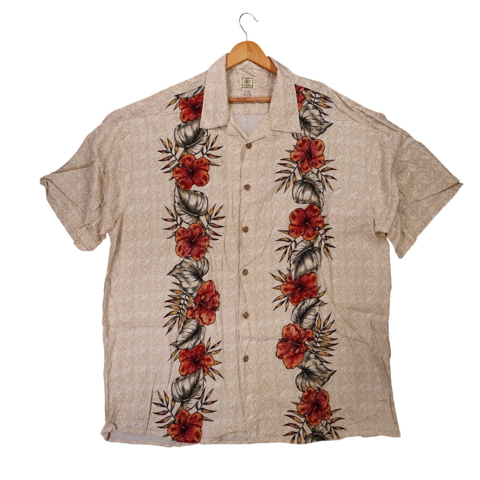 Morro Bay Button Up Mens XL Tan Vintage Floral Rayon Hawaiian Tropical Shirt