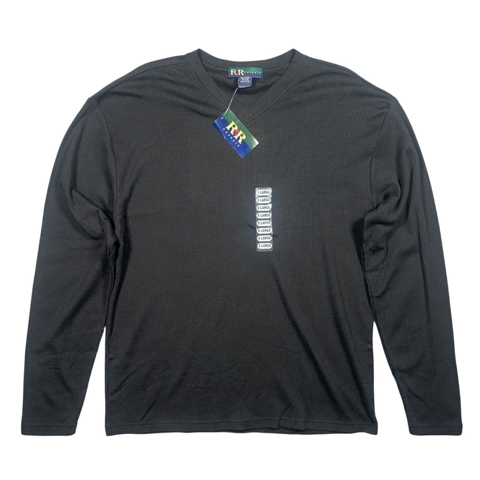 Vintage R&R Casuals Long Sleeve Shirt Mens XL Black New Ribbed V-Neck Cotton