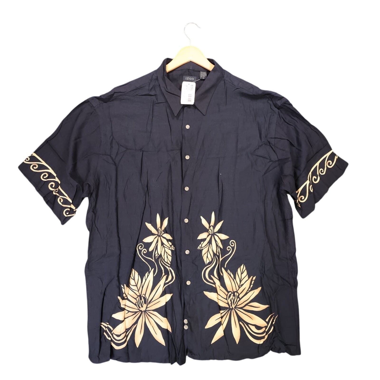 IZOD Button Front Shirt Mens XL Black Excellent Vintage Tropical Floral Rayon