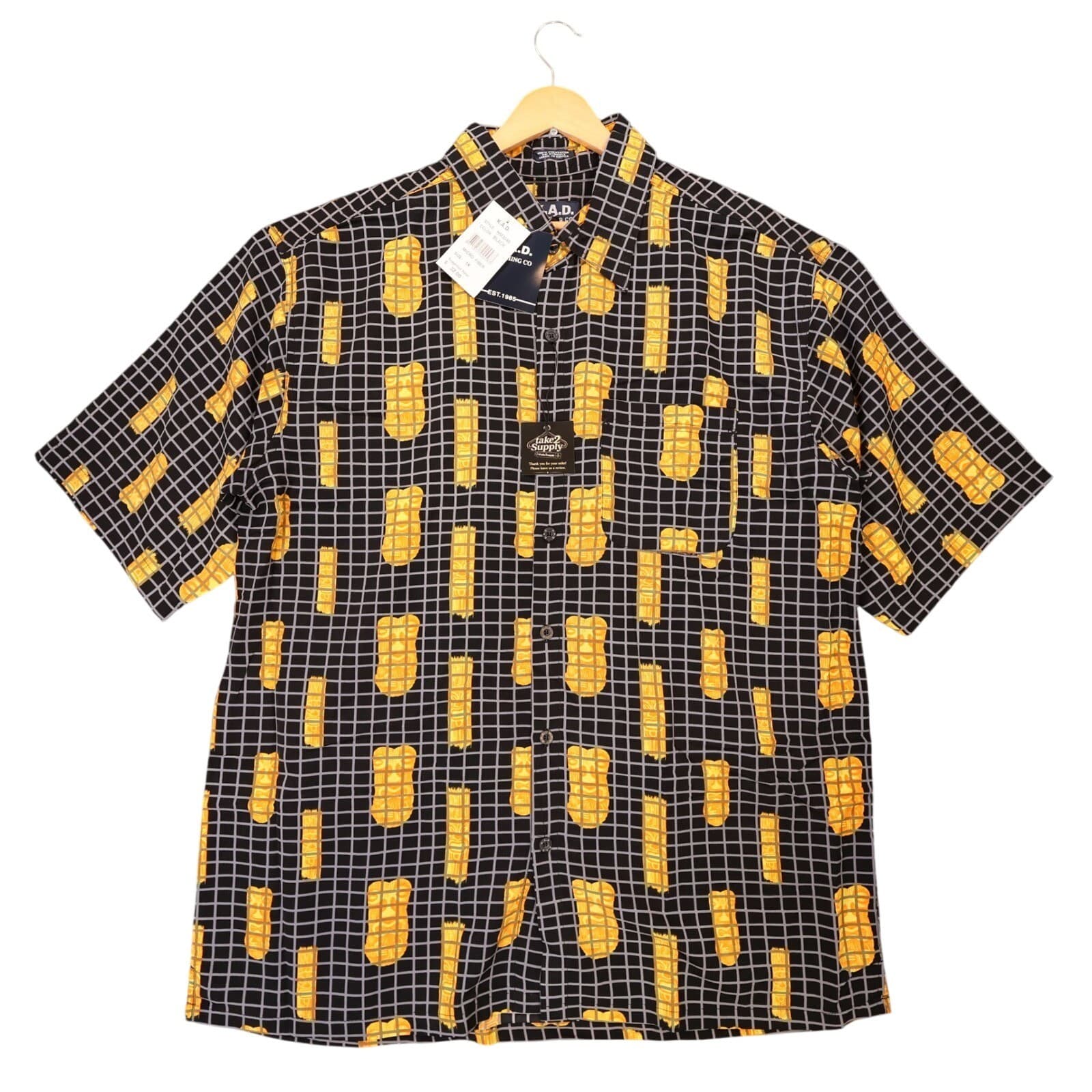 K.A.D. Button Up Shirt Mens XL Black New Tiki Abstract Grid Vintage