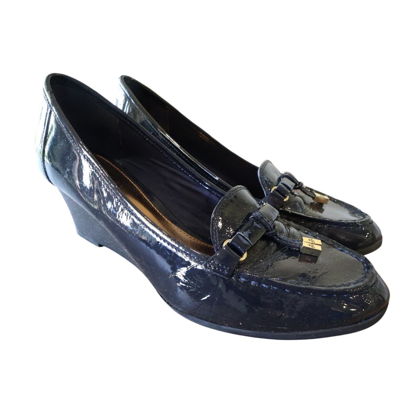 Lauren Ralph Lauren Rory Wedge Loafers Womens 10 Navy Patent Suede