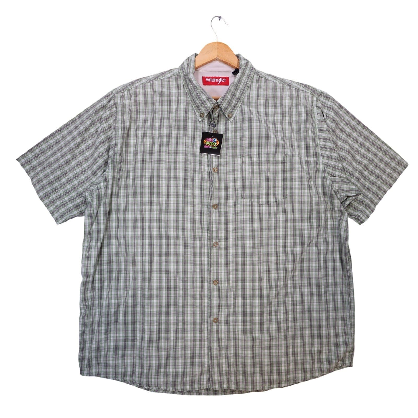 Wrangler Button Up Shirt Mens XL Green Excellent Plaid Cotton Short Sleeve