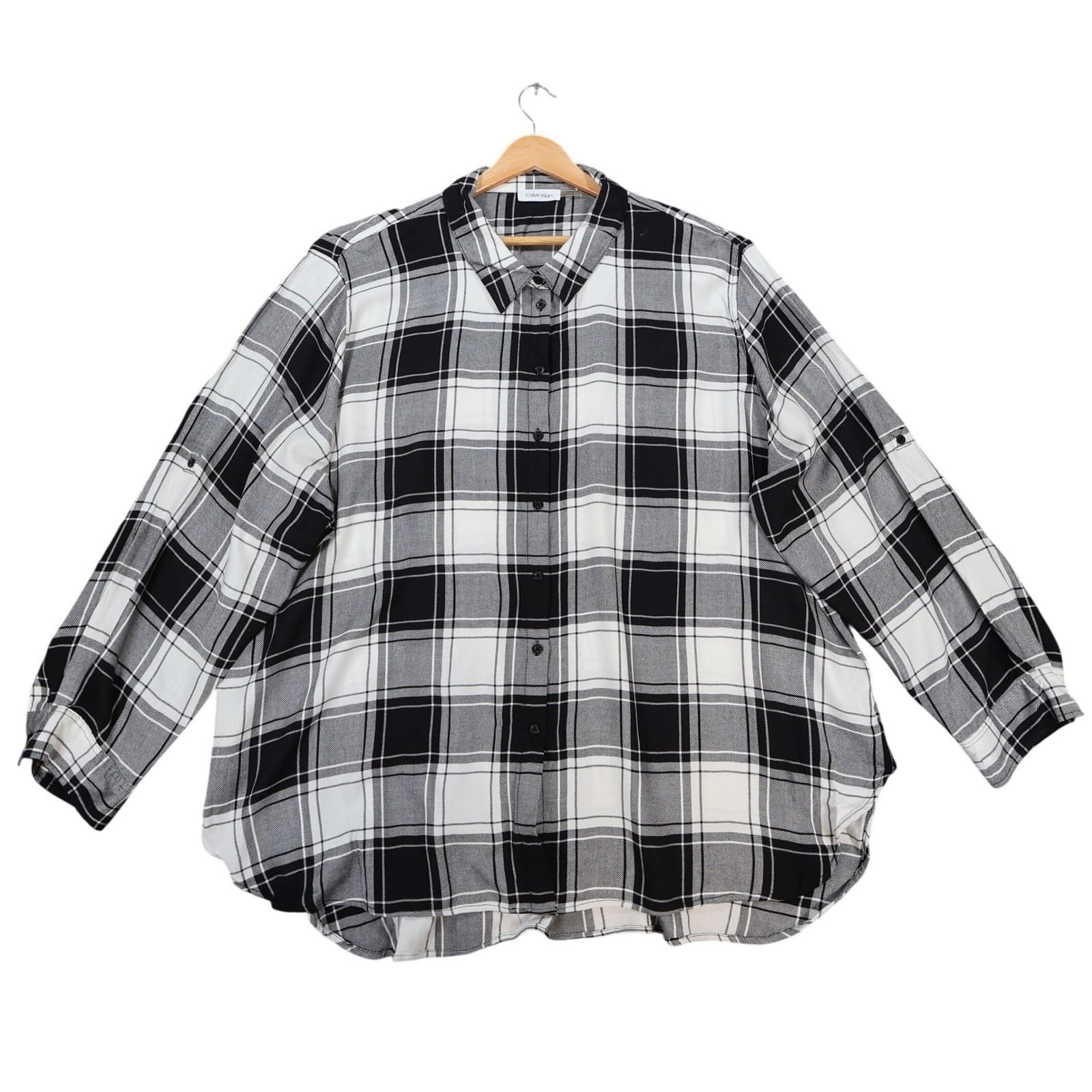 Calvin Klein Button Down Shirt Womens 3X Black White Rayon Cotton Plaid Roll Tab