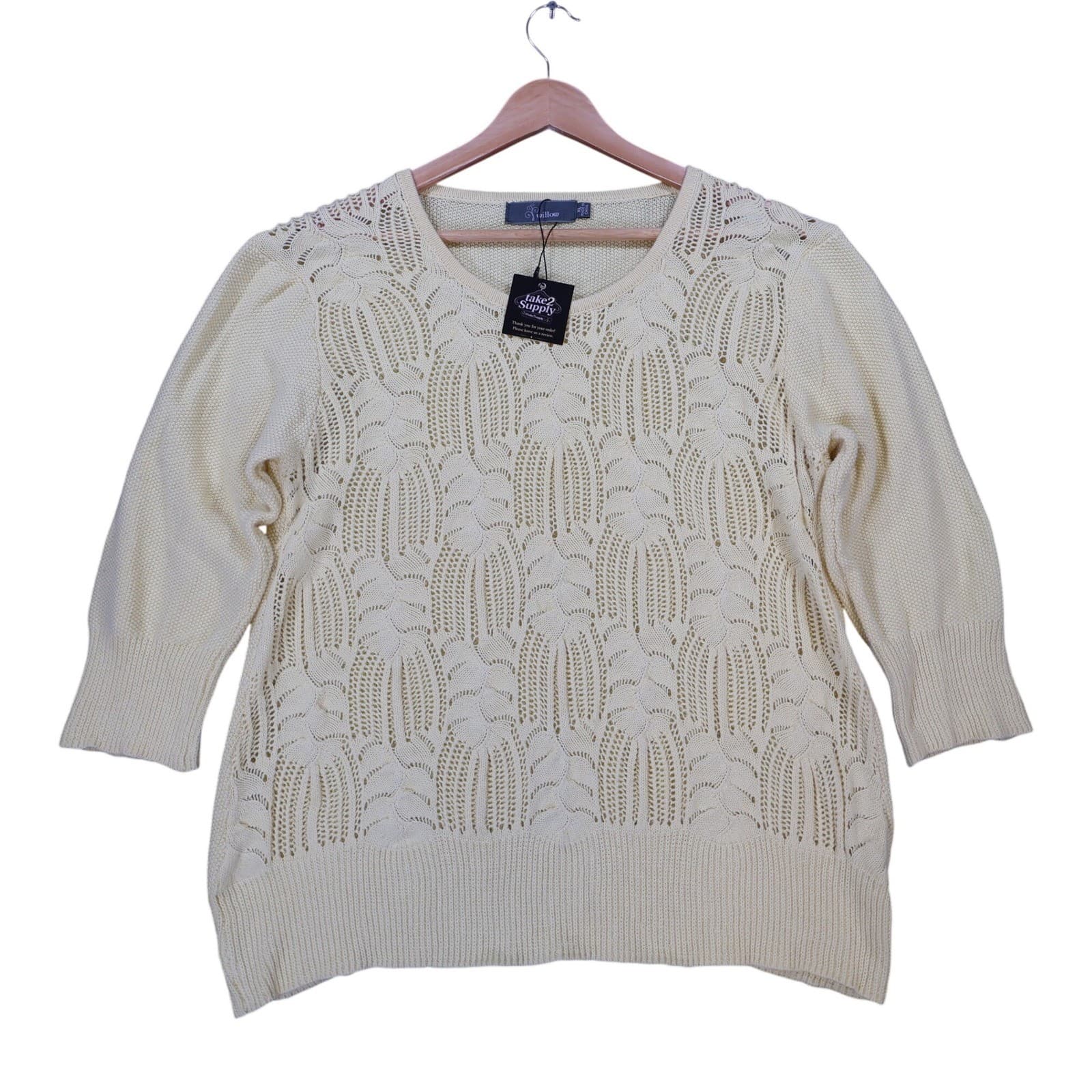 Willow Sweater Womens XL Cream 100% Cotton 3/4 Sleeve Pointelle Knit Crochet