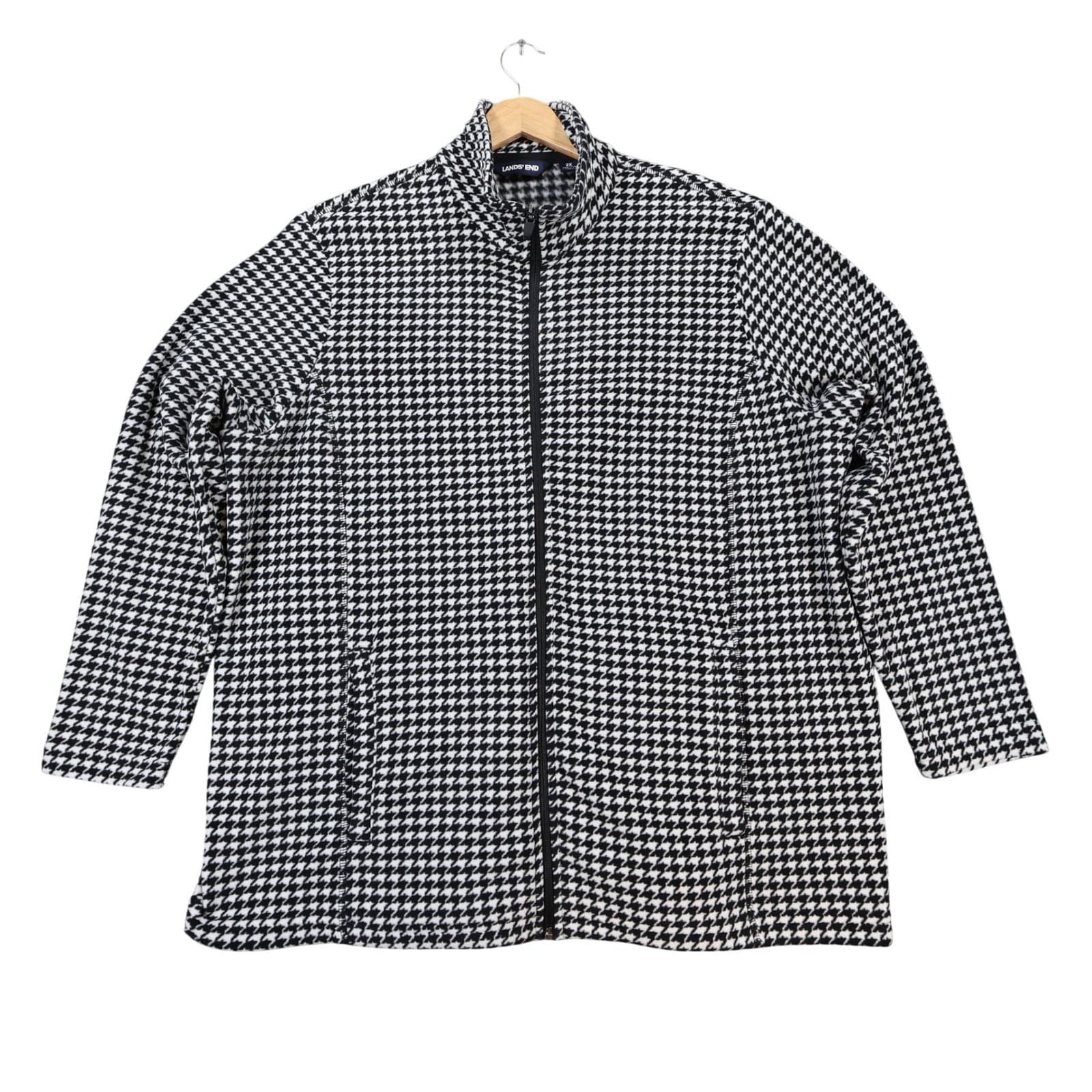Lands' End Fleece Jacket Womens 2X Black White Polyester Zip Houndstooth Classic