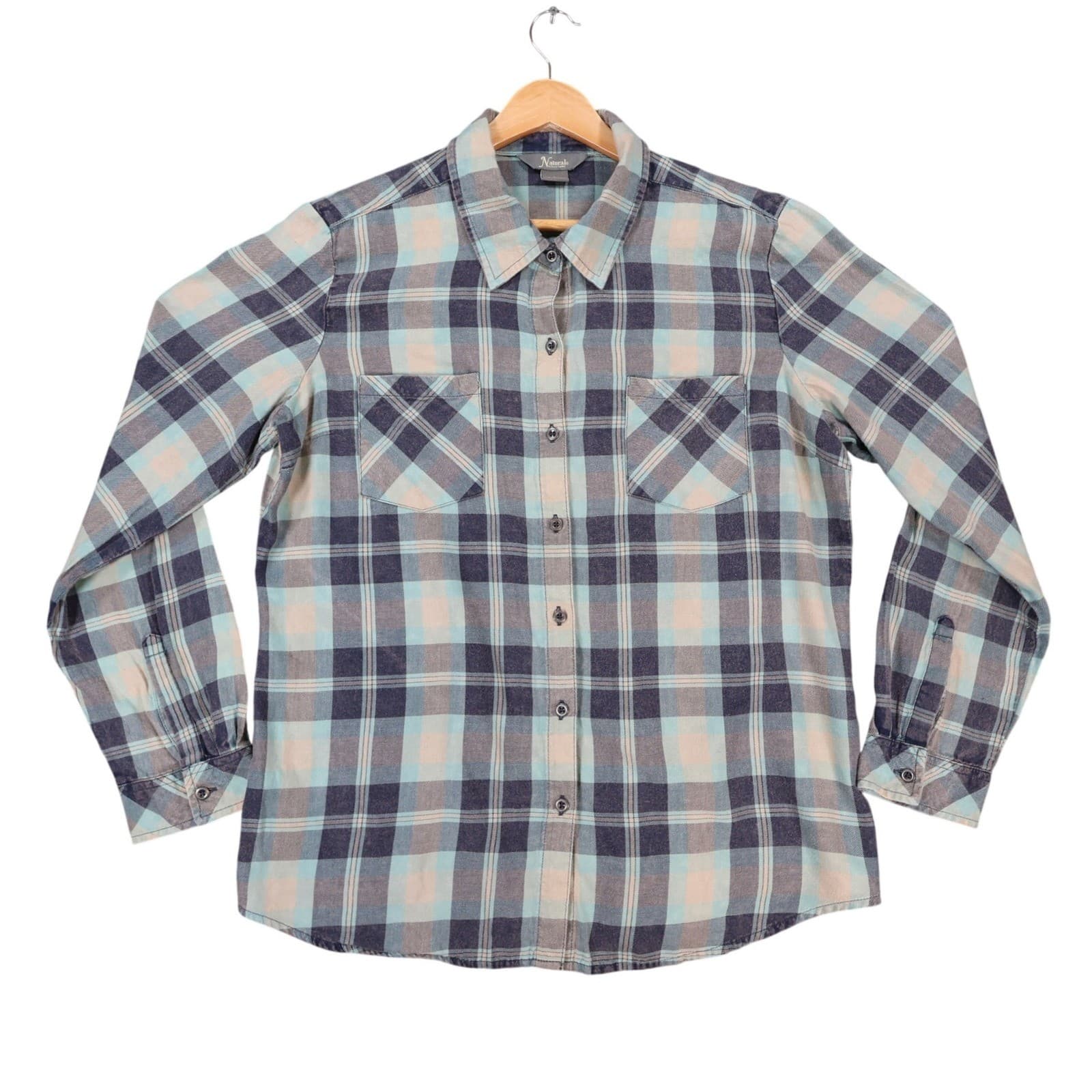 Natural Reflections Button Up Womens L Blue Plaid 100% Cotton Flannel Shirt