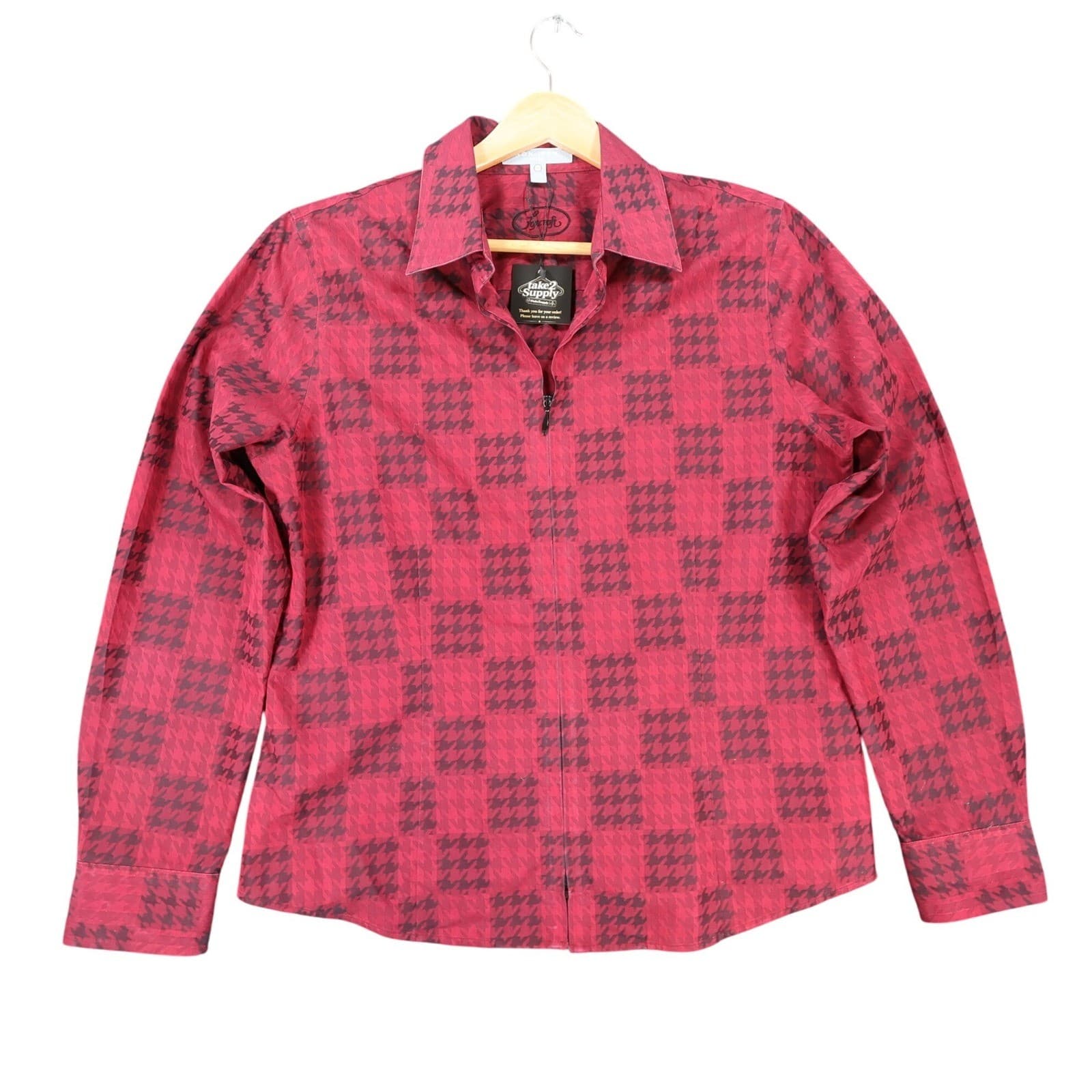 Foxcroft Zip Up Shirt Womens 12 Red Cotton Fitted Houndstooth Check Non-Iron