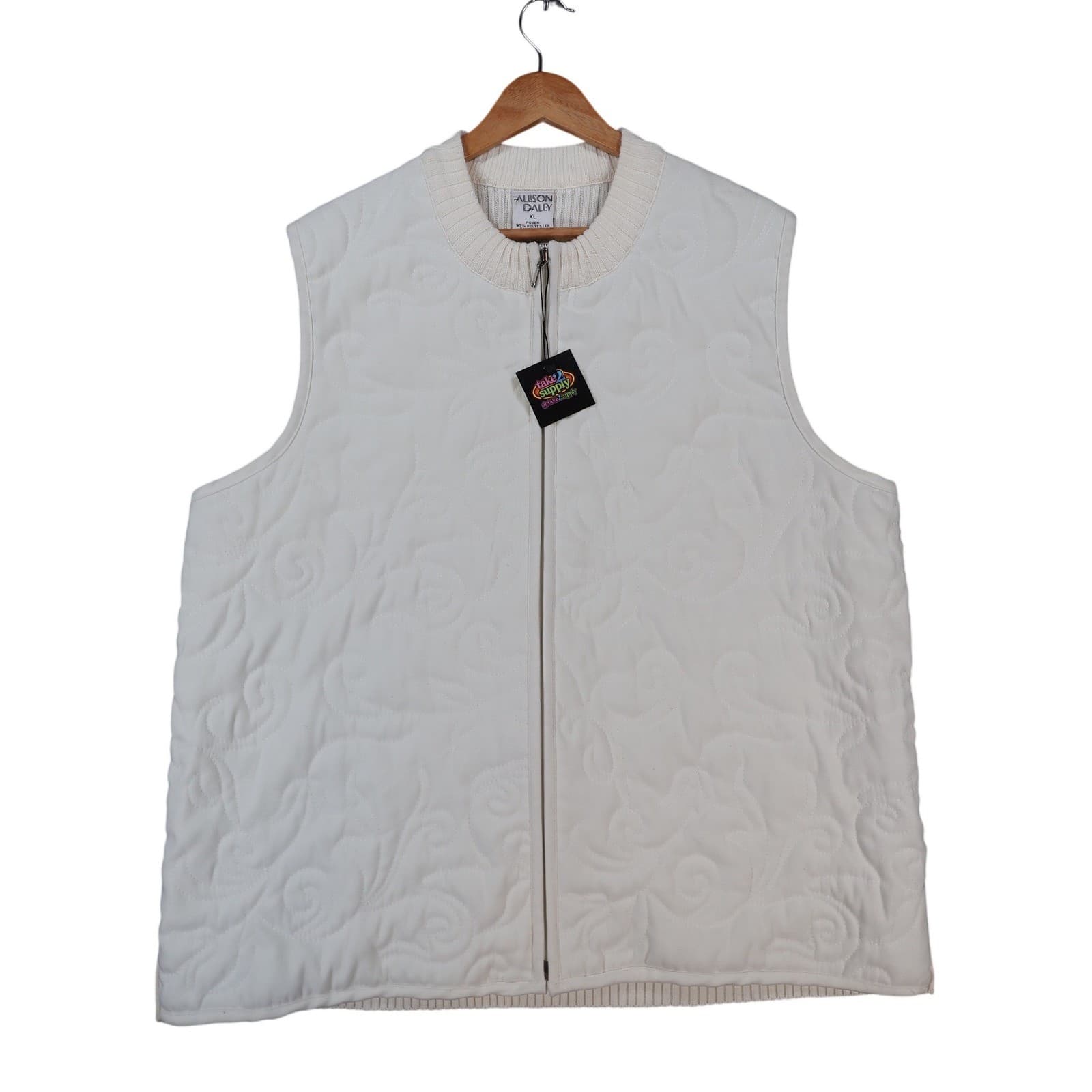 Allison Daley Quilted Vest Womens XL White Polyester Ribbed Knit Full Zip Layer