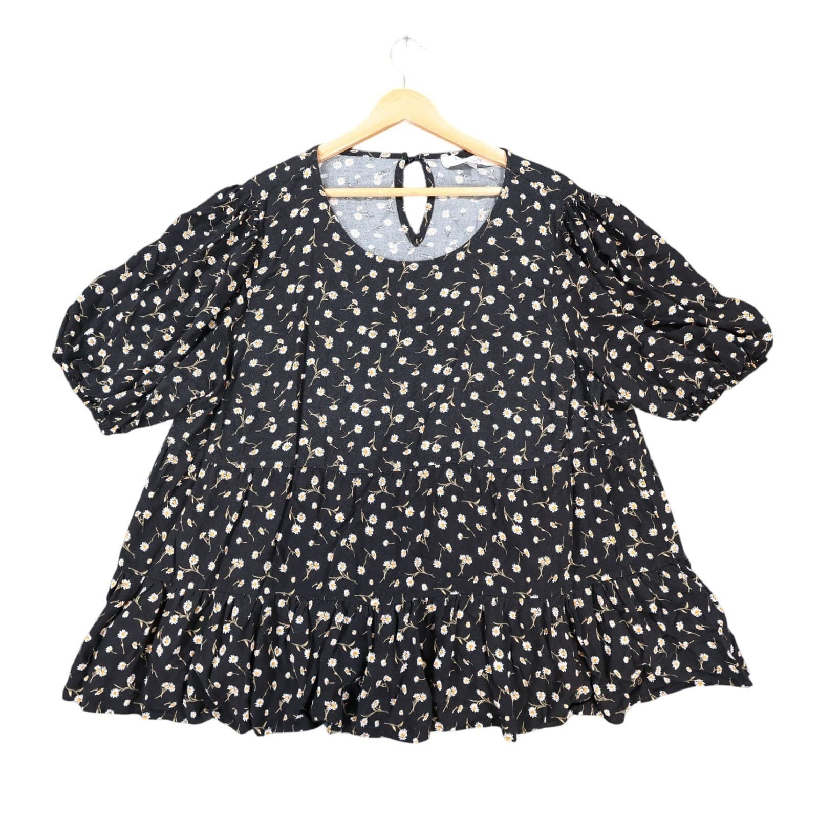 Lily White Blouse Womens 2X Black Daisy Floral Puff Sleeve Tiered Babydoll Top