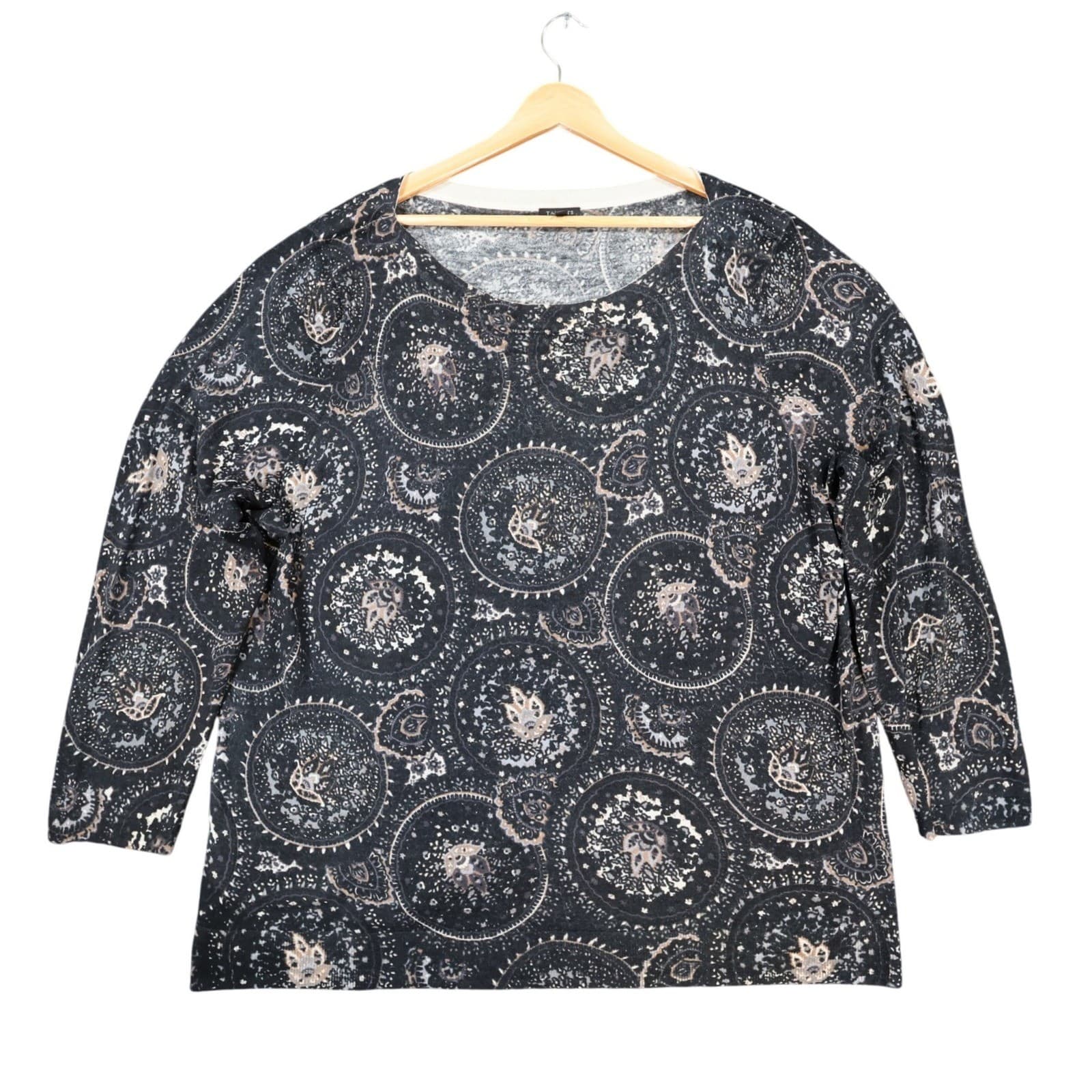 Talbots Sweater Womens 3X Black Pure Merino Wool Relaxed Medallion Print Knit