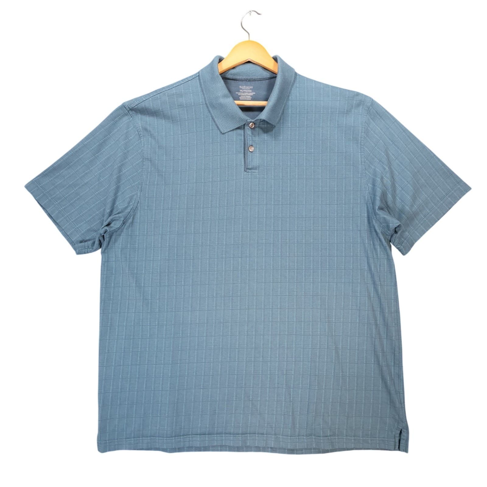 Van Heusen Polo Shirt Mens XXL Blue Excellent Short Sleeve Grid Pattern