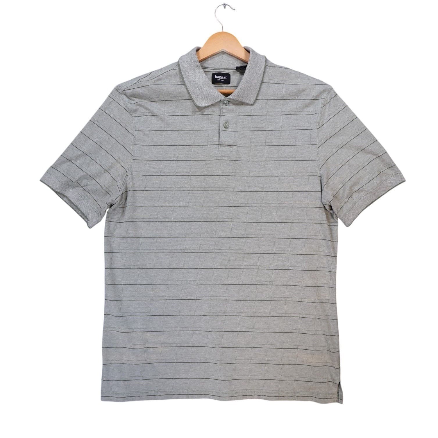 Haggar Polo Shirt Mens XL Sage Green Excellent Striped Grid Short Sleeve 1721