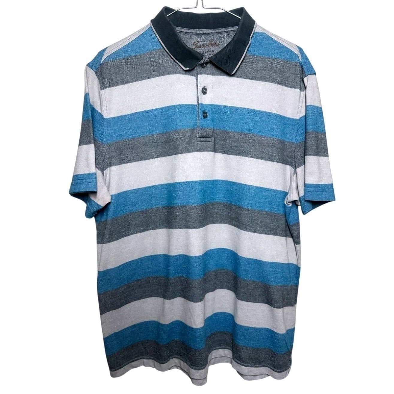 Tasso Elba Men's Striped Short Sleeve Polo Shirt Blue Gray White Size L