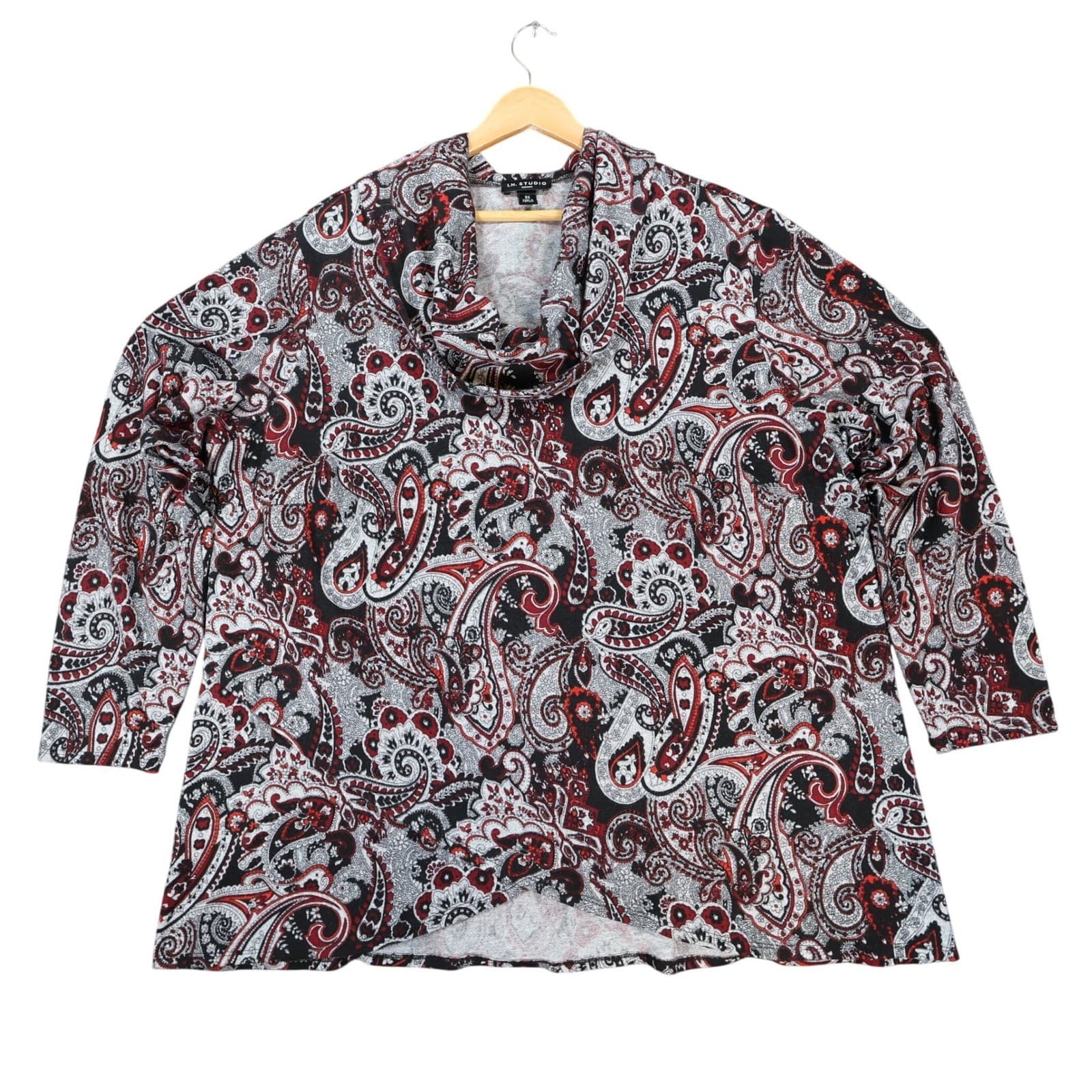 I.N. Studio Cowl Neck Top Women 3X Black Red Paisley Polyester Stretch Tunic
